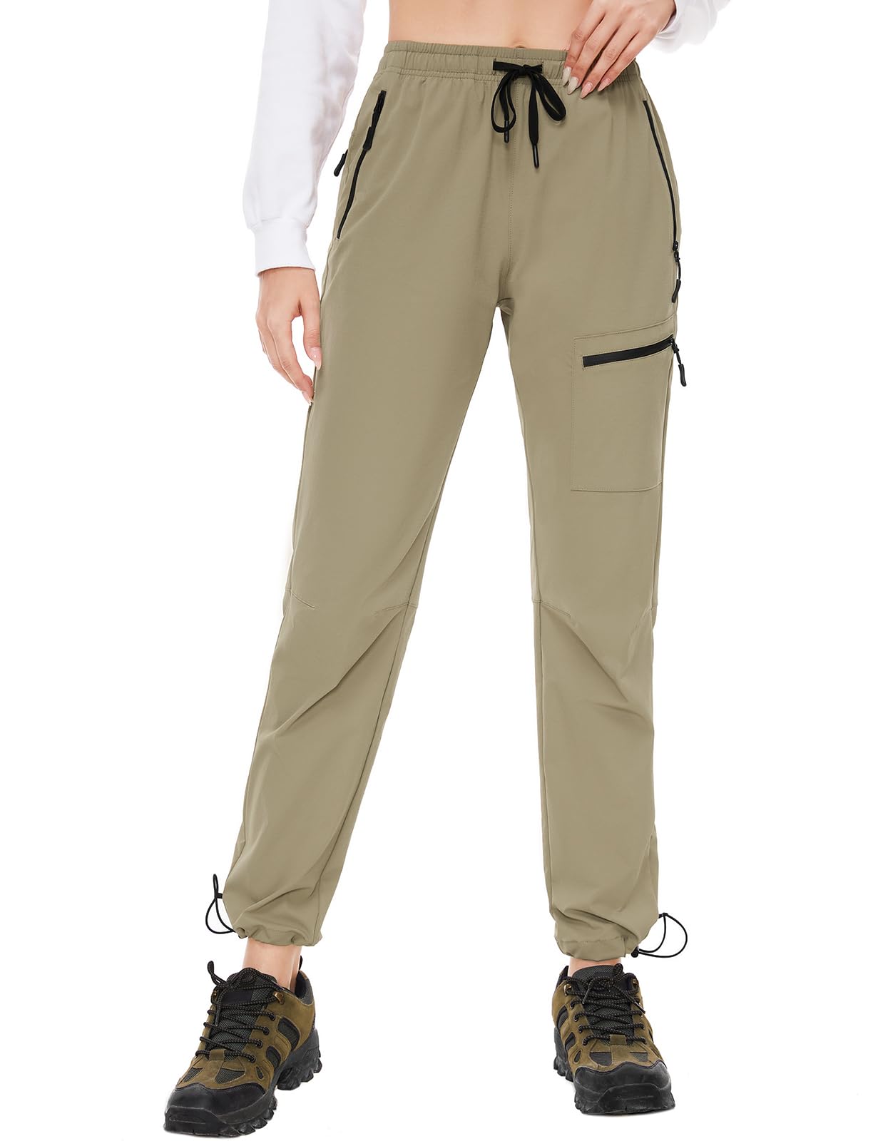 SEVEGO Womens Hiking Pants Tall Inseam 34" Athletic Cargo Pants Lightweight 4 Zipper Pockets Water Resistant Elastic Waist, Khaki, M