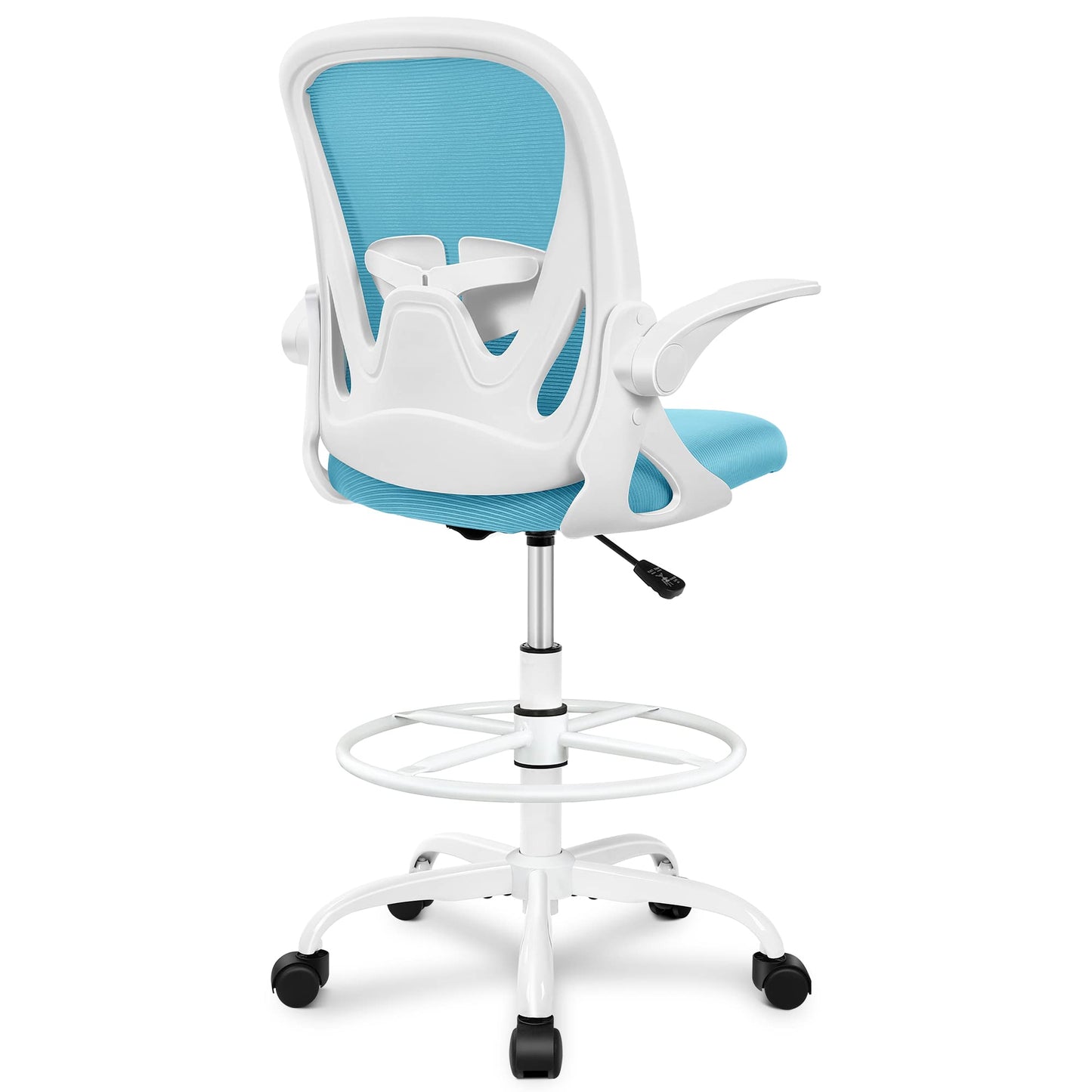 Primy Drafting Chair Tall Office Chair with Flip-up Armrests Executive Ergonomic Computer Standing Desk Chair with Lumbar Support and Adjustable Footrest Ring（Blue）