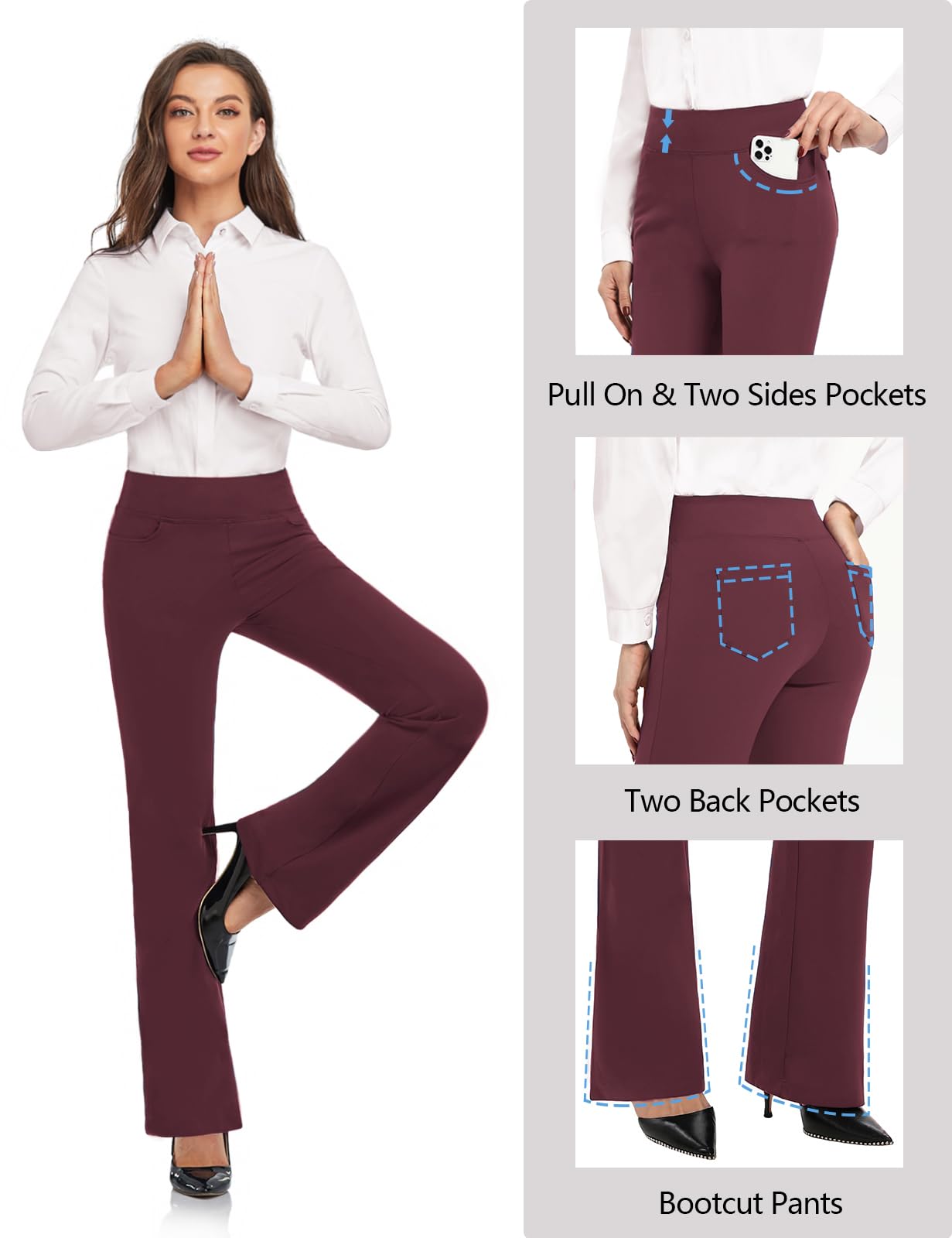 SEVEGO Women's Bootcut Yoga Dress Pants High Waist Stretch Work Pants with Pockets, 33" Burgundy, XXL