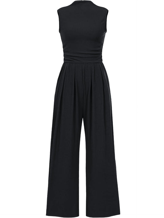 Tapata Women's Jumpsuits Dressy Casual One Piece Outfits Sleeveless Rompers Wide Leg Pants with Pockets, Tall, Black, Small