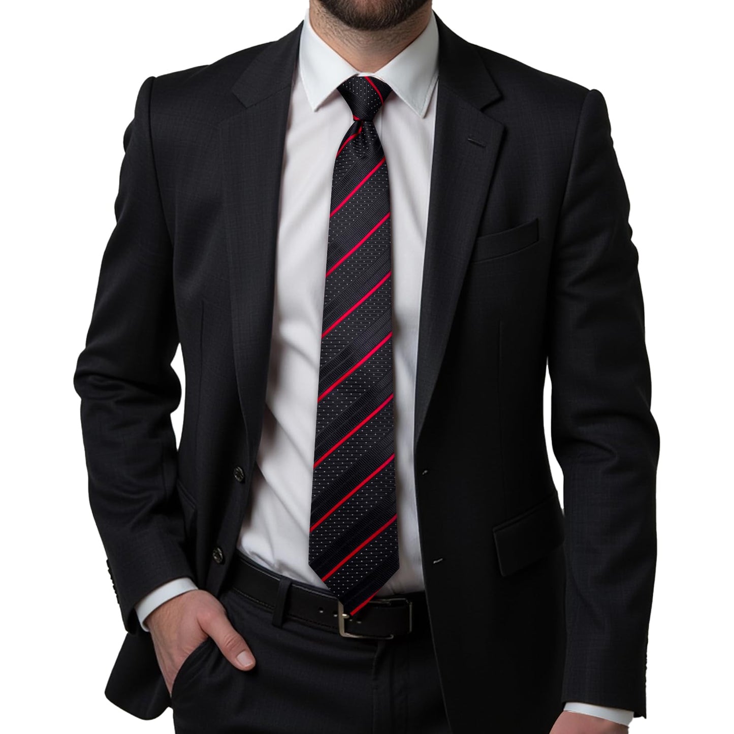 Hi-Tie Black and Red Ties for Men Silk 70''Extra long Mens Ties Set and Pocket Square Cufflinks Dress Necktie for Wedding