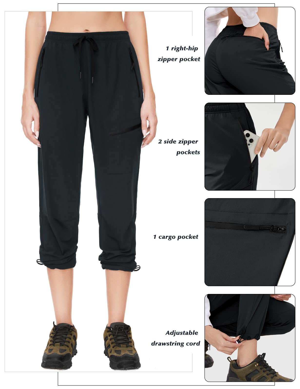 SEVEGO Womens Hiking Pants Tall Inseam 34" Athletic Cargo Pants Lightweight 4 Zipper Pockets Water Resistant Elastic Waist, Black, XS