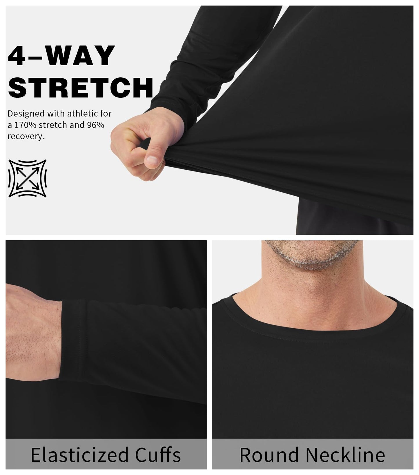 Men's Tall Rash Guard Long Sleeve T Shirts - UPF 50+ Sun Protection Tee Shirt for Fishing, Swim, Hiking Black