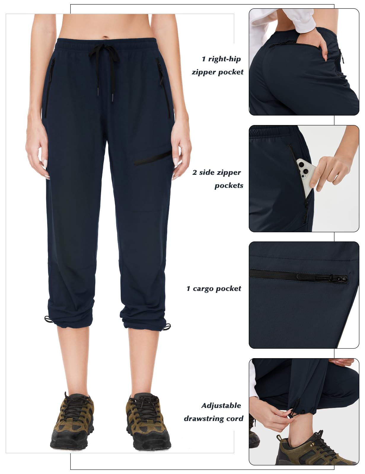 SEVEGO Womens Hiking Pants Tall Inseam 34" Athletic Cargo Pants Lightweight 4 Zipper Pockets Water Resistant Elastic Waist, Blue, L