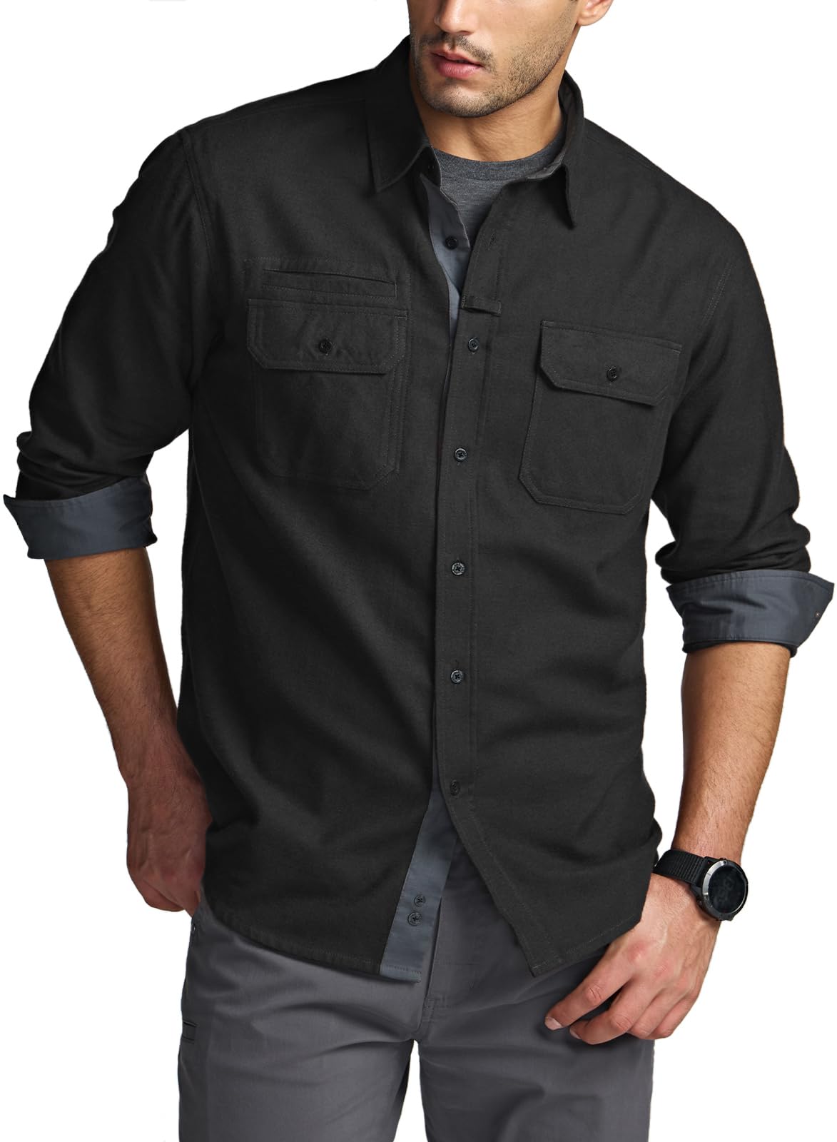 CQR Men's Flannel Button Down Shirts, Soft Cotton Plaid Long Sleeve Tactical Work Shirt, Warm Outdoor Essential with Pocket, Stealth Black, X-Large Tall