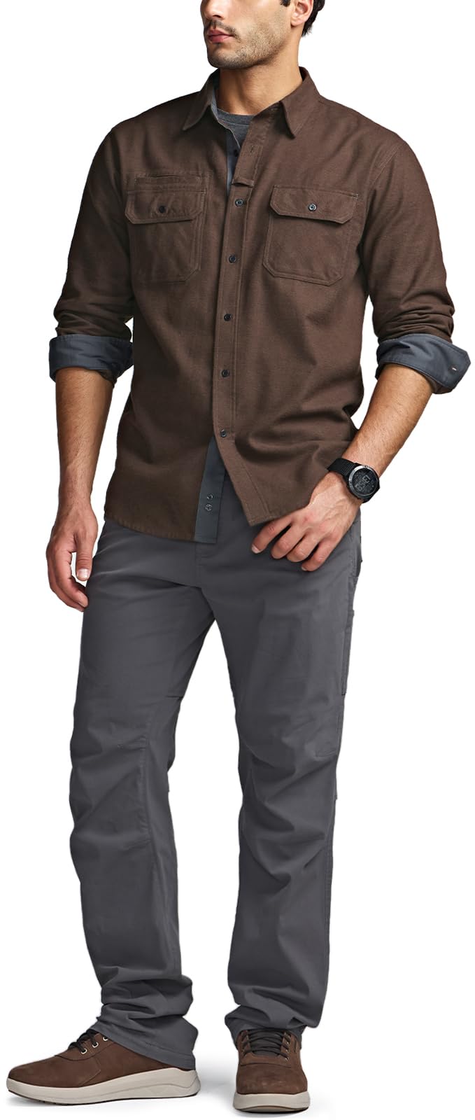 CQR Men's Flannel Button Down Shirts, Soft Cotton Plaid Long Sleeve Tactical Work Shirt, Warm Outdoor Essential with Pocket, Stealth Dark Brown, Large Tall