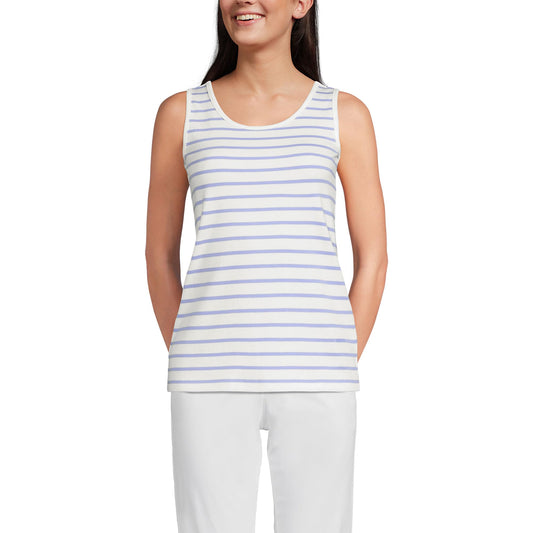 Lands' End Womens Cotton Tank Top Ivory/Periwinkle Breton Stripe Tall Medium