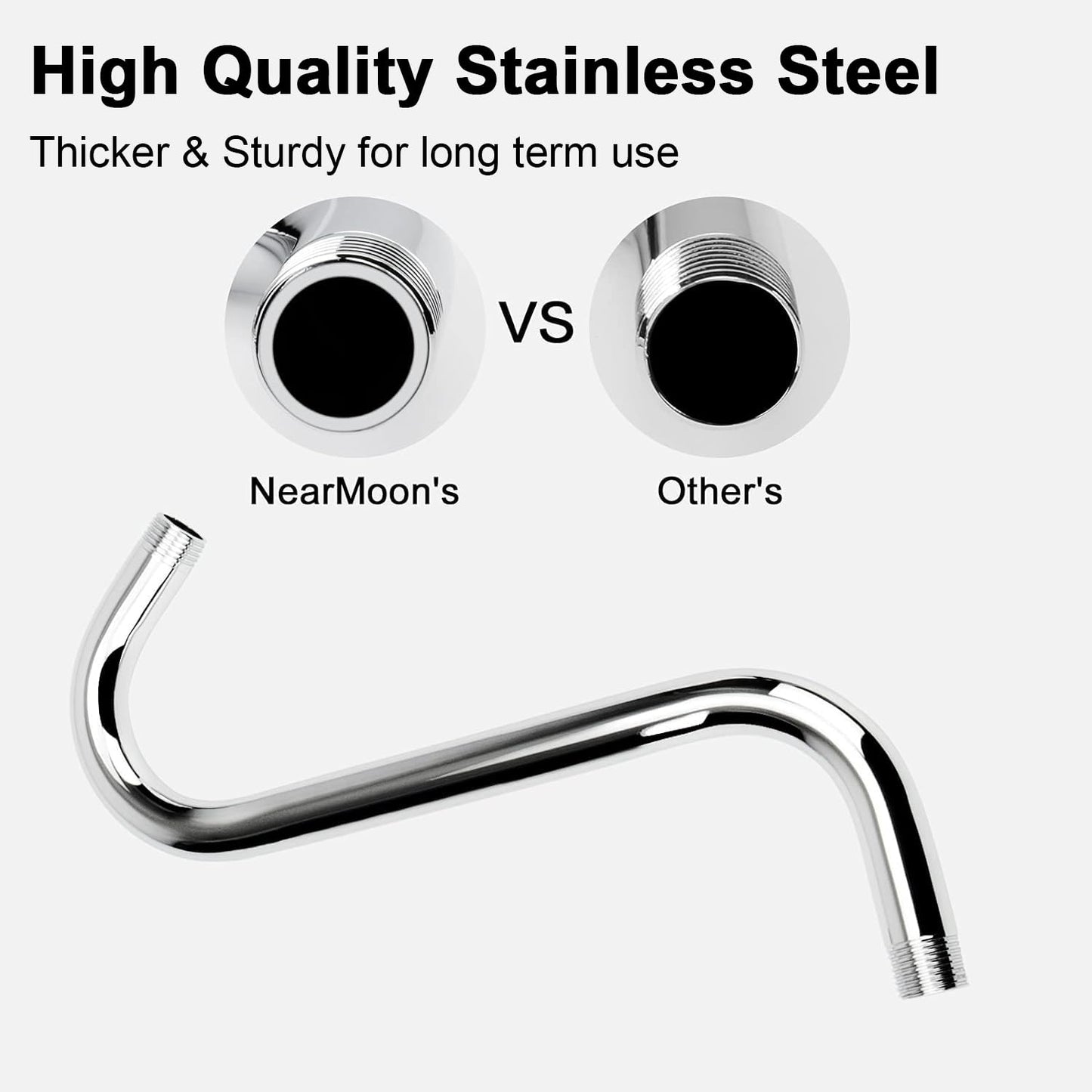 NearMoon S Shaped Shower Head Riser Pipe, Shower Extender Arm with Flange, Standard 1/2" Connection- Bathroom Accessory, 10 Inch (1 Pack, Chrome)