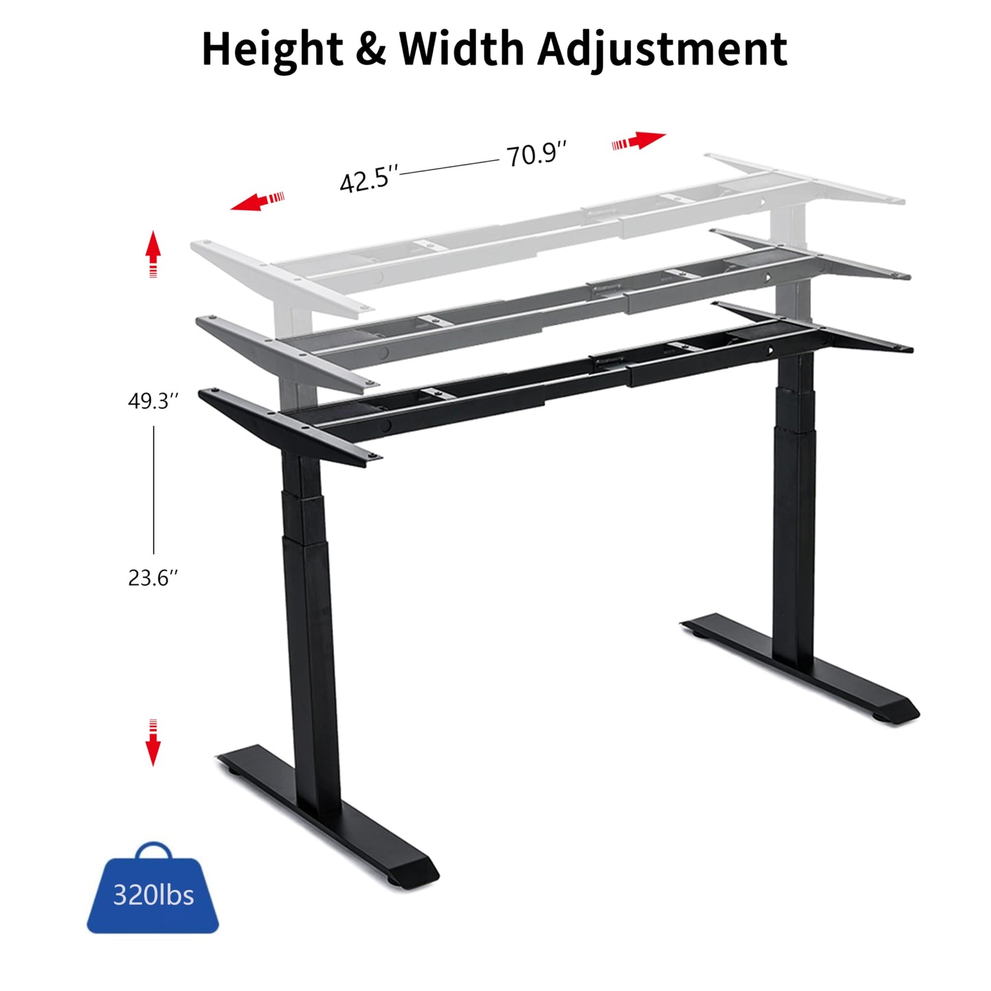 VWINDESK VJ201-S3 Electric Height Adjustable Sitting Standing Desk Frame Only/Sit Stand - Dual Motors 3 Segment Motorized Desk Base Only,Black - 49.2" Max Height