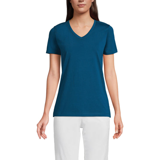Lands' End Womens SS Relaxed Supima V Neck T Shirt Baltic Teal Tall Small