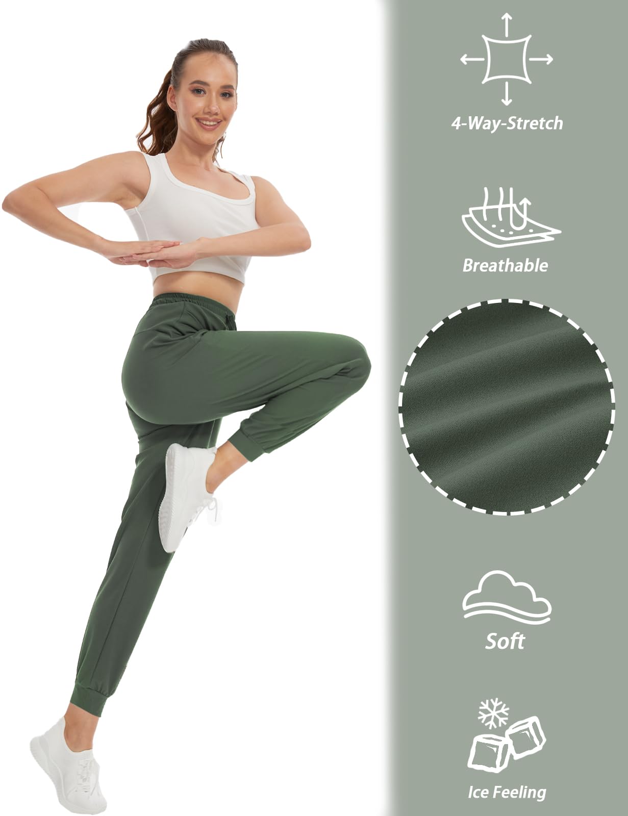 SEVEGO Women 34" Tall Inseam Joggers Lightweight Sweatpants Zipper Pockets Athletic Workout Lounge Pants Army Green, XL