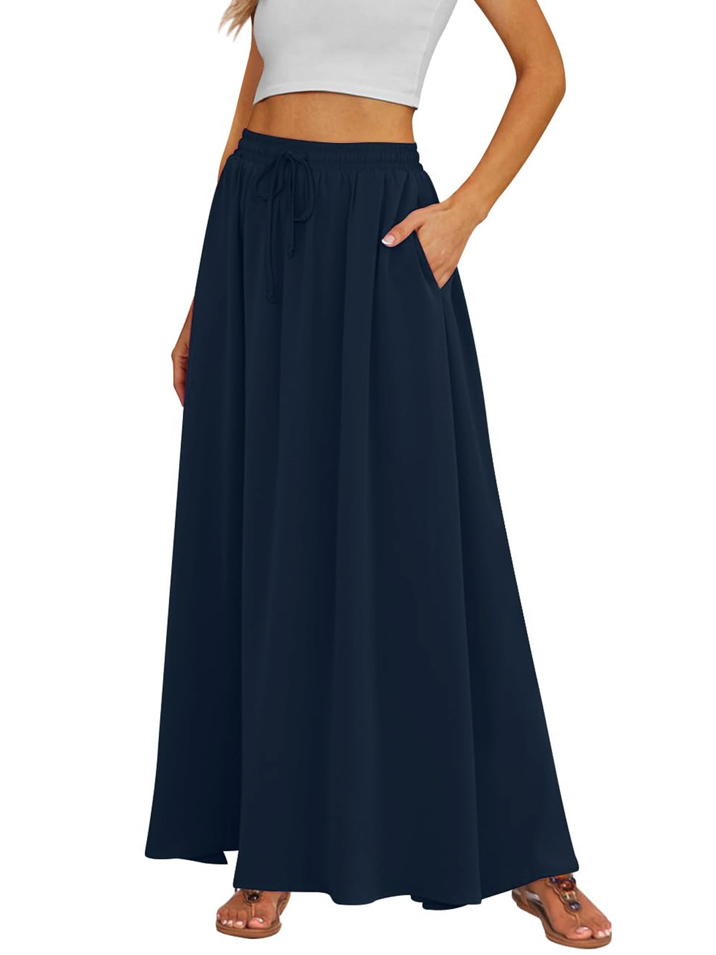 Tapata Tall Womens Flowy Maxi Skirt Extra Long High Waist Elastic Drawstring Summer Pleated Skirts with Pockets, Navy Blue, XXL