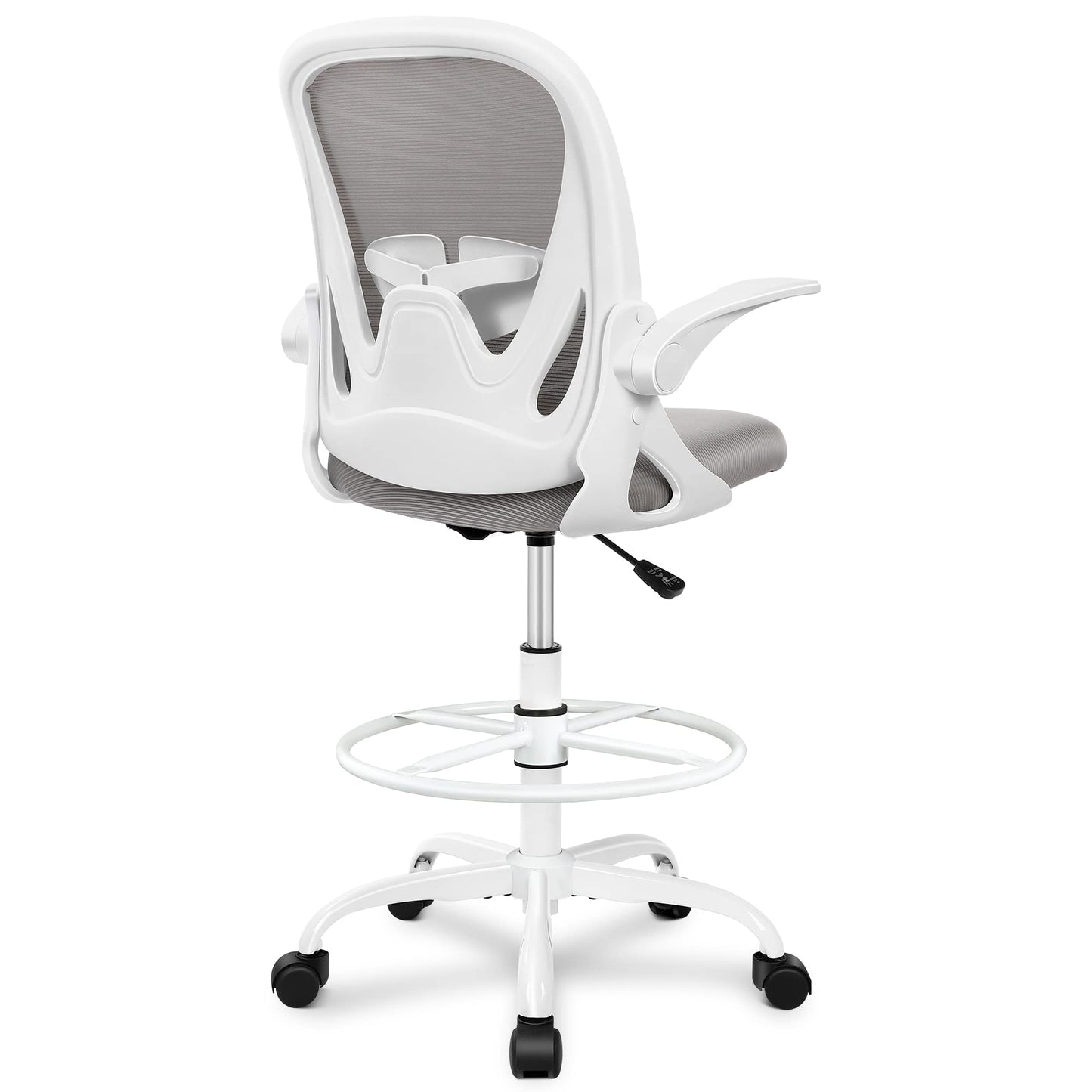 Primy Ergonomic Drafting Chair with Flip-up Armrests Tall Office Chair for Standing Desk Comfortable Desk Chair with Adjustable Footrest Ring and Lumbar Support in Gray Perfect for Home and Office Use