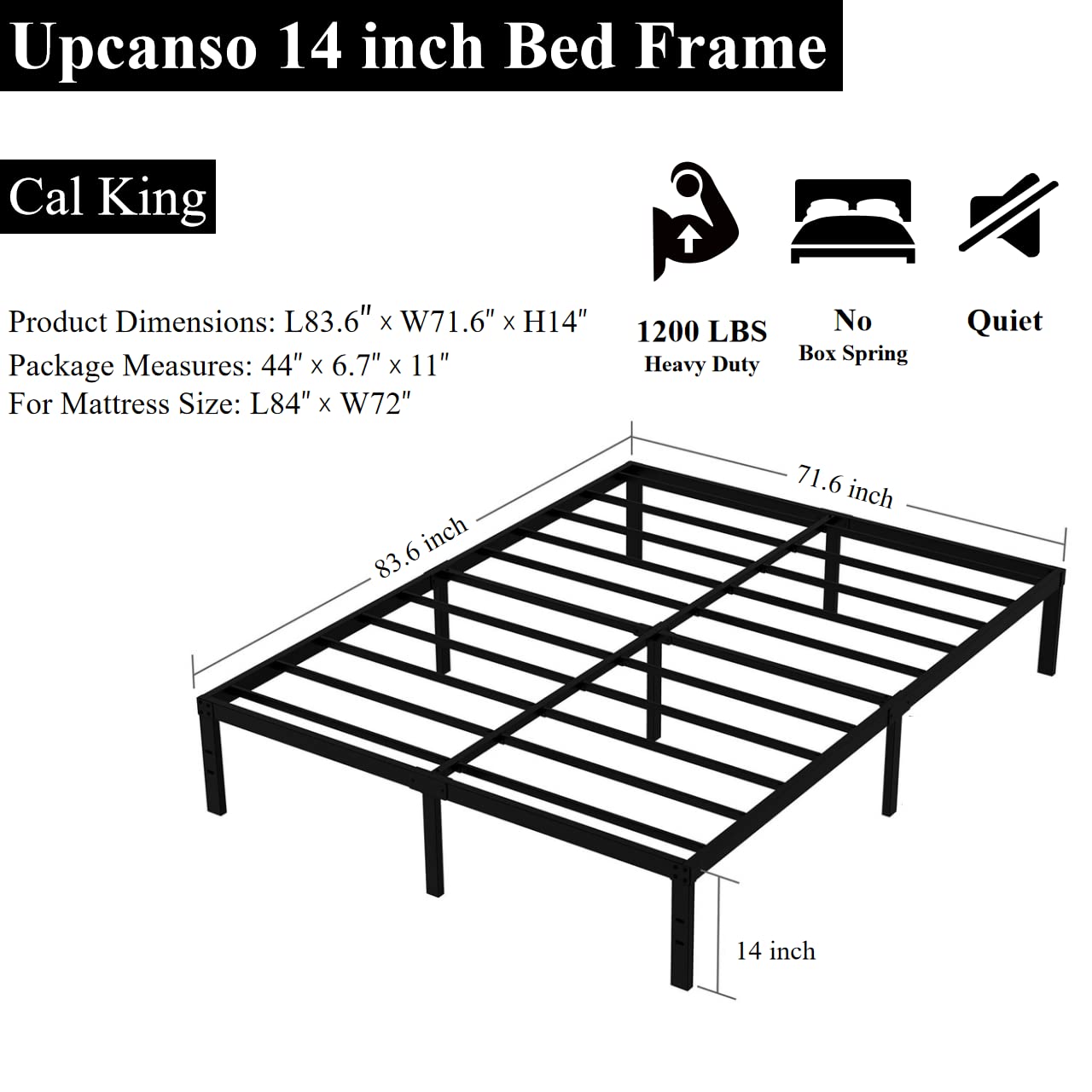 Upcanso California King Metal Bed Frame, 14 Inch Heavy Duty Storage Platform Bed Frame with 2500lbs Steel Slats Support, Easy Assembly, Black