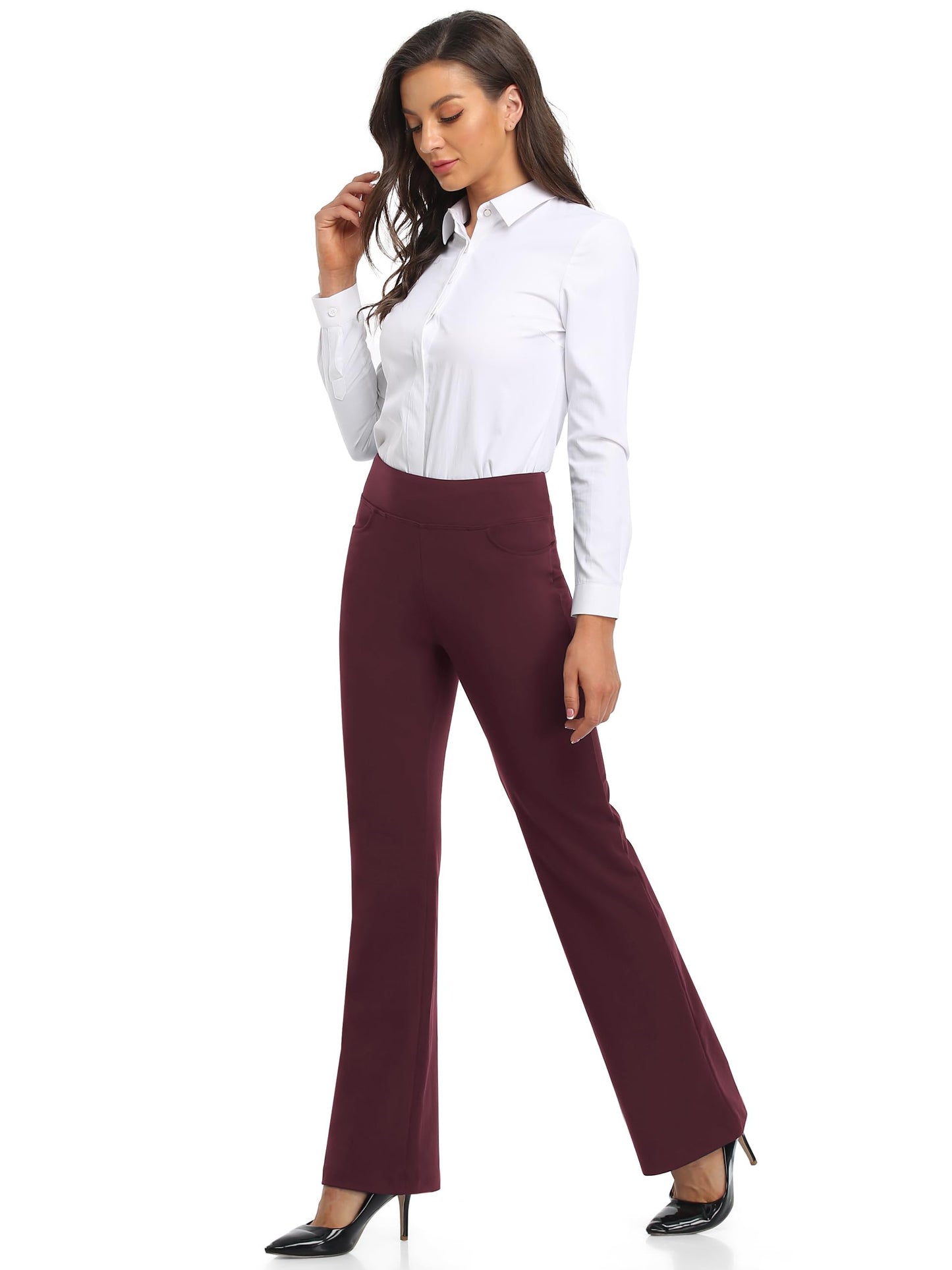 SEVEGO Women's Bootcut Yoga Dress Pants High Waist Stretch Work Pants with Pockets, 35" Burgundy, M