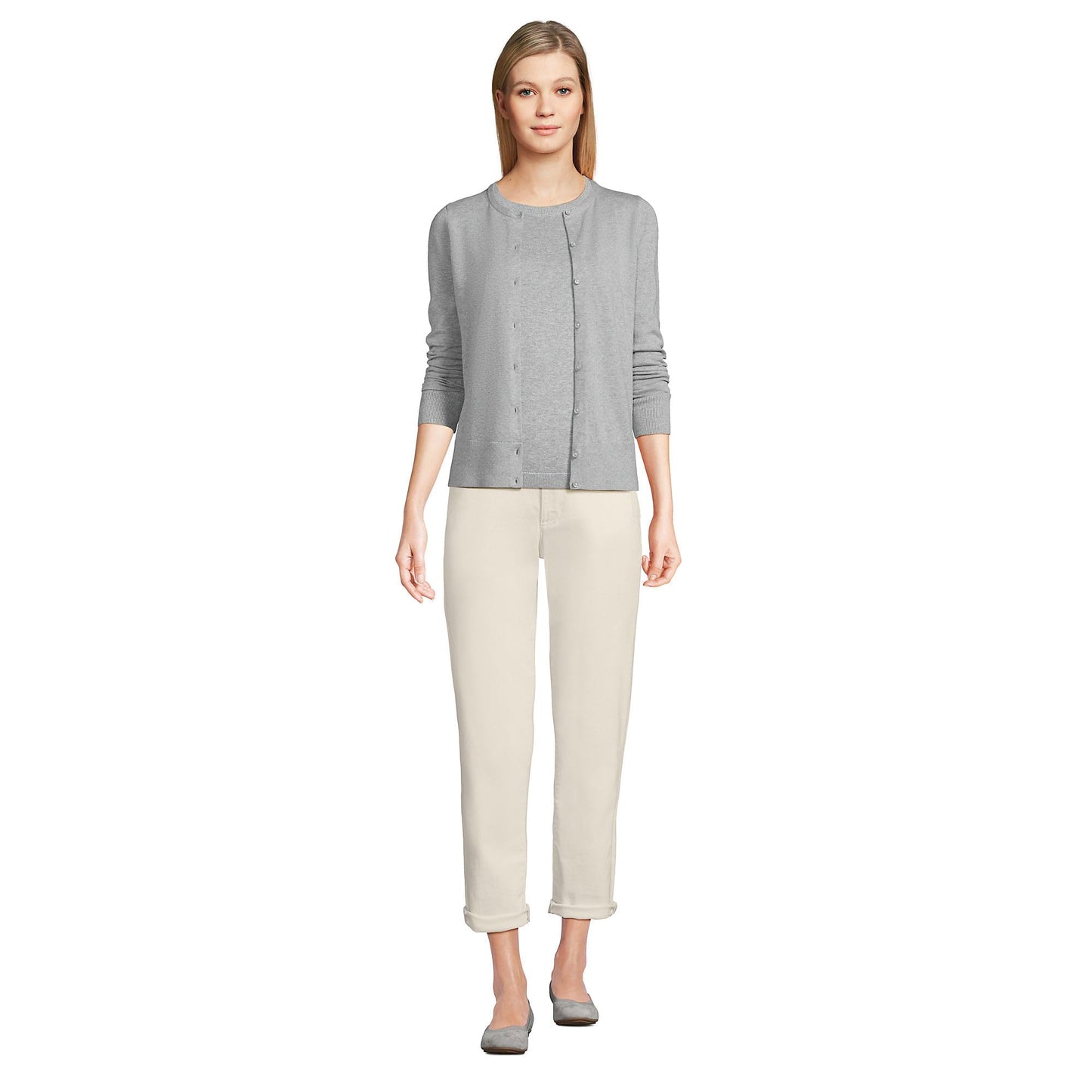 Lands' End Womens FG Cotton Cardigan Sweater Gray Heather Tall Medium