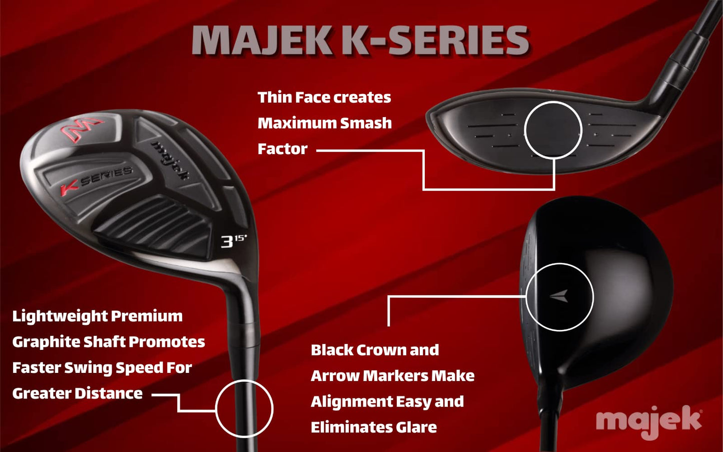 XL Big & Tall Men's (+2" Longer Than Standard Length) Majek K-Series High Launch 460cc 12.5° Driver and 3 5 Fairway Wood Set Golf Clubs, Right Handed Ultra Forgiving Regular Flex Graphite Shaft