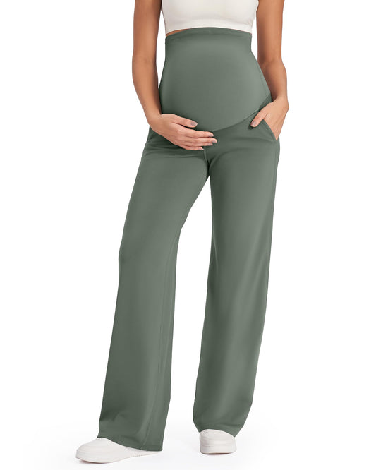 G4Free Maternity Activewear Over The Belly Straight Yoga Pants with Pockets Lightweight Maternity Pants (Gray Sage,M,32")