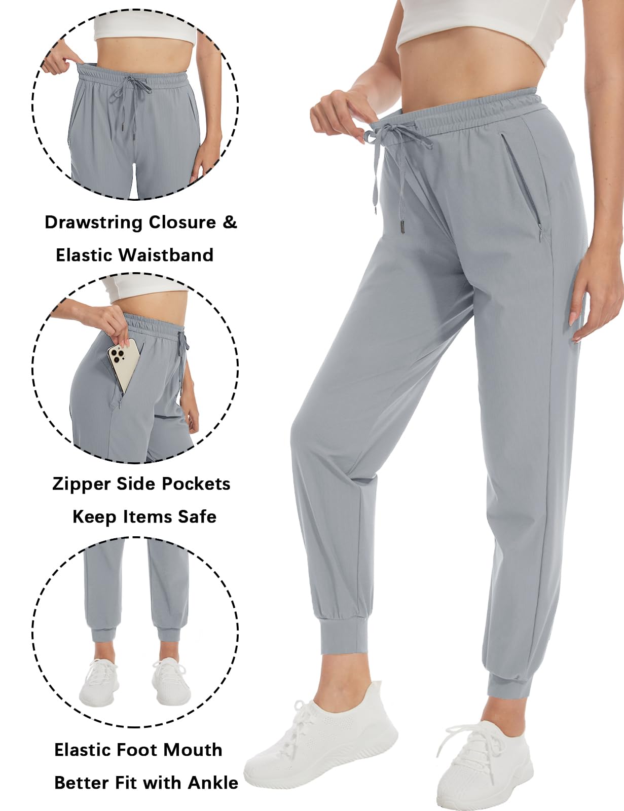 SEVEGO Women 34" Tall Inseam Joggers Lightweight Sweatpants Zipper Pockets Athletic Workout Lounge Pants Light Gray, XL