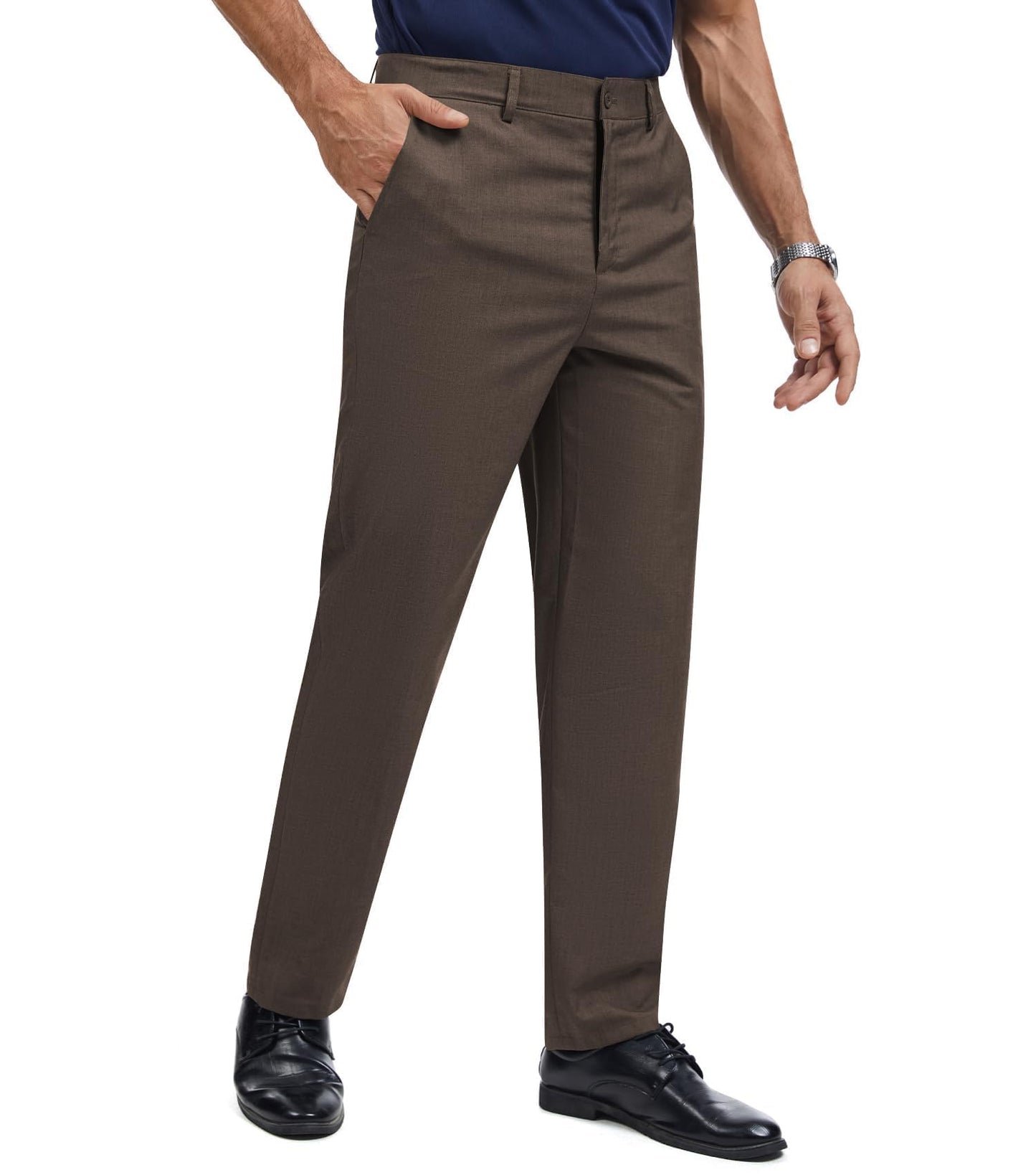 Men's Tall Classic Fit Flex Flat Front Dress Pants Formal Pants for Business & Office Dark Brown