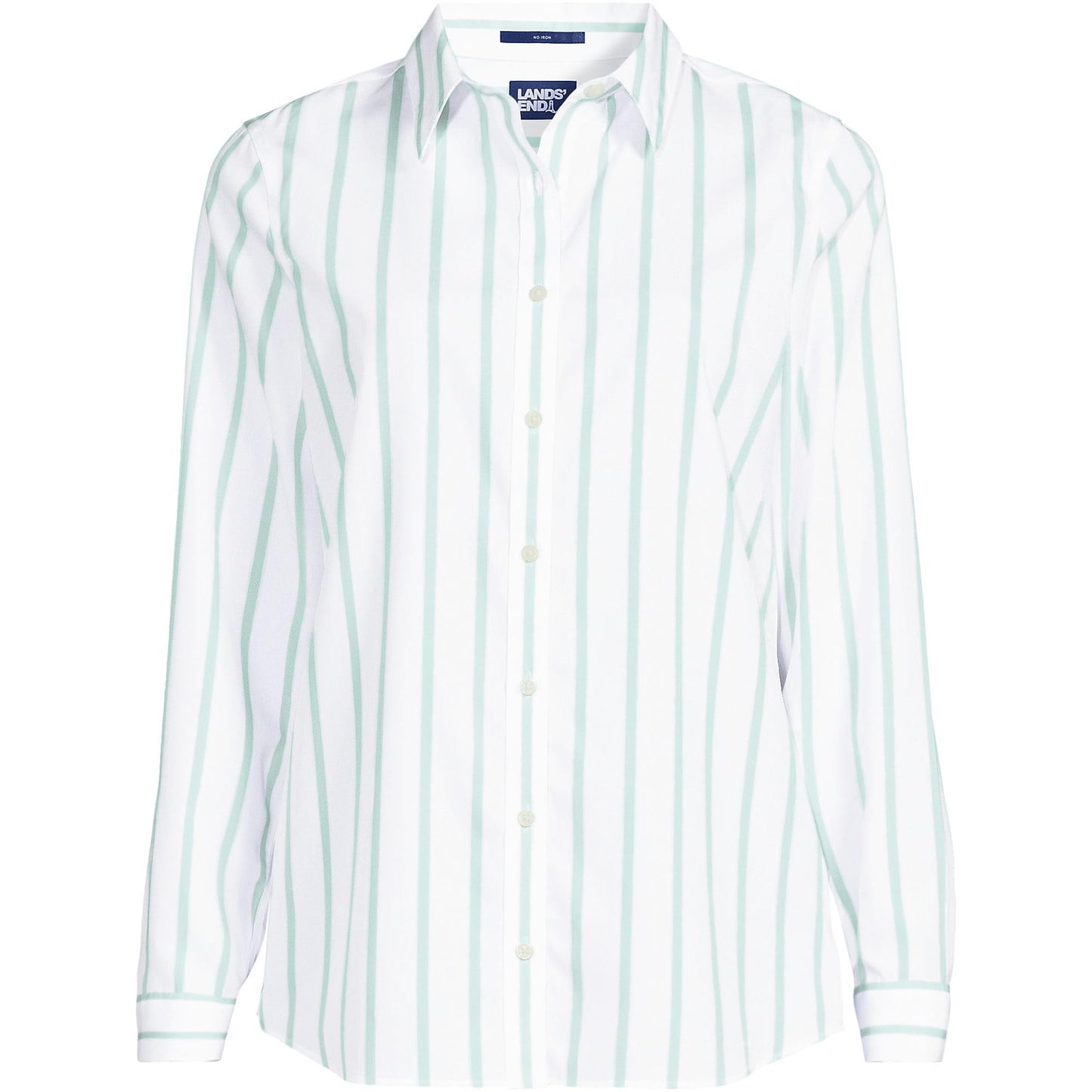 Lands' End Womens LS No Iron Button Front Shirt White/Aqua Classic Stripe Tall 12