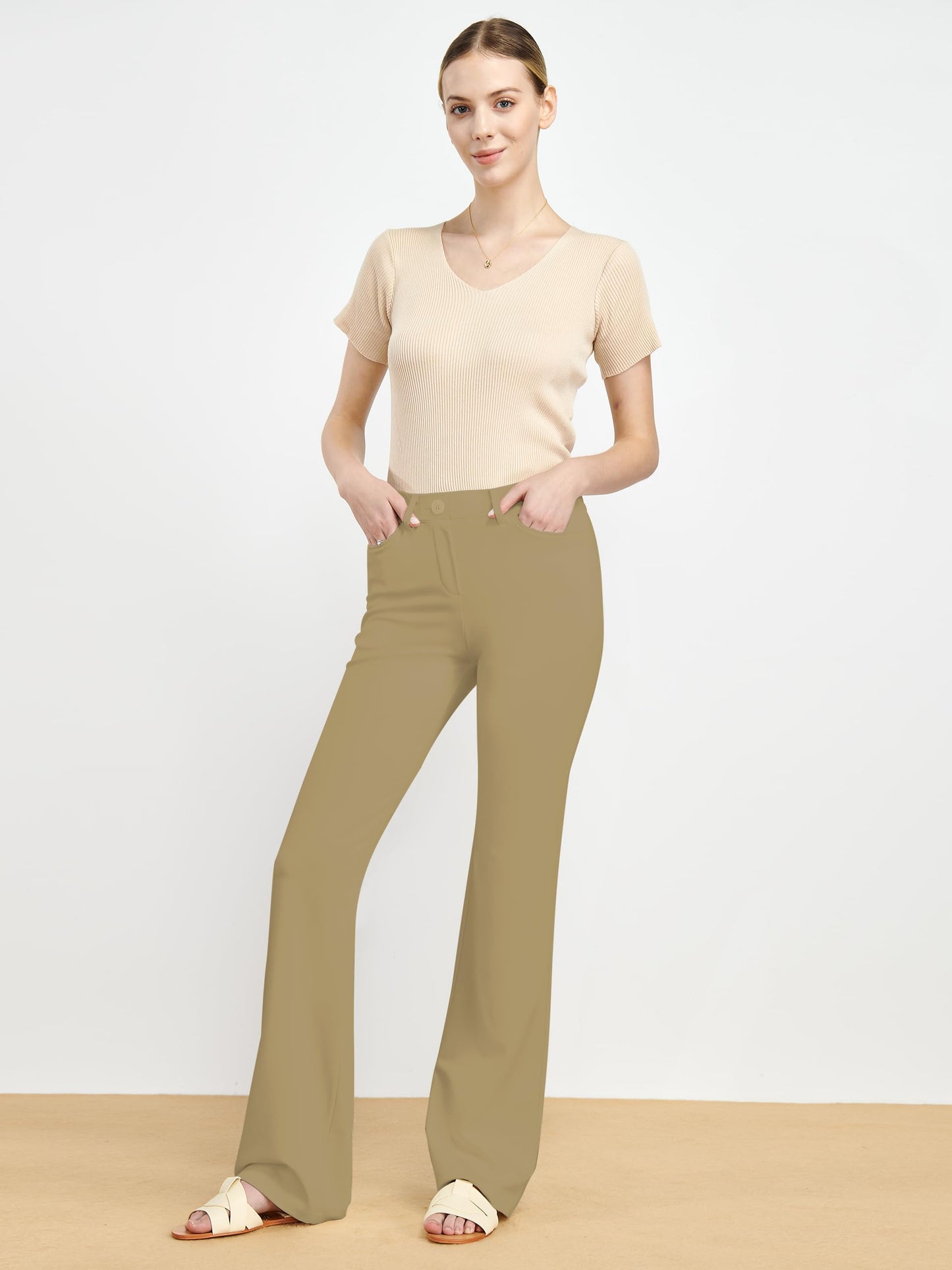 Tapata Women's 28''/30''/32''/34'' Stretchy Bootcut Dress Pants with Pockets Tall, Petite, Regular for Office Work Business 32",Oatmeal,XXL
