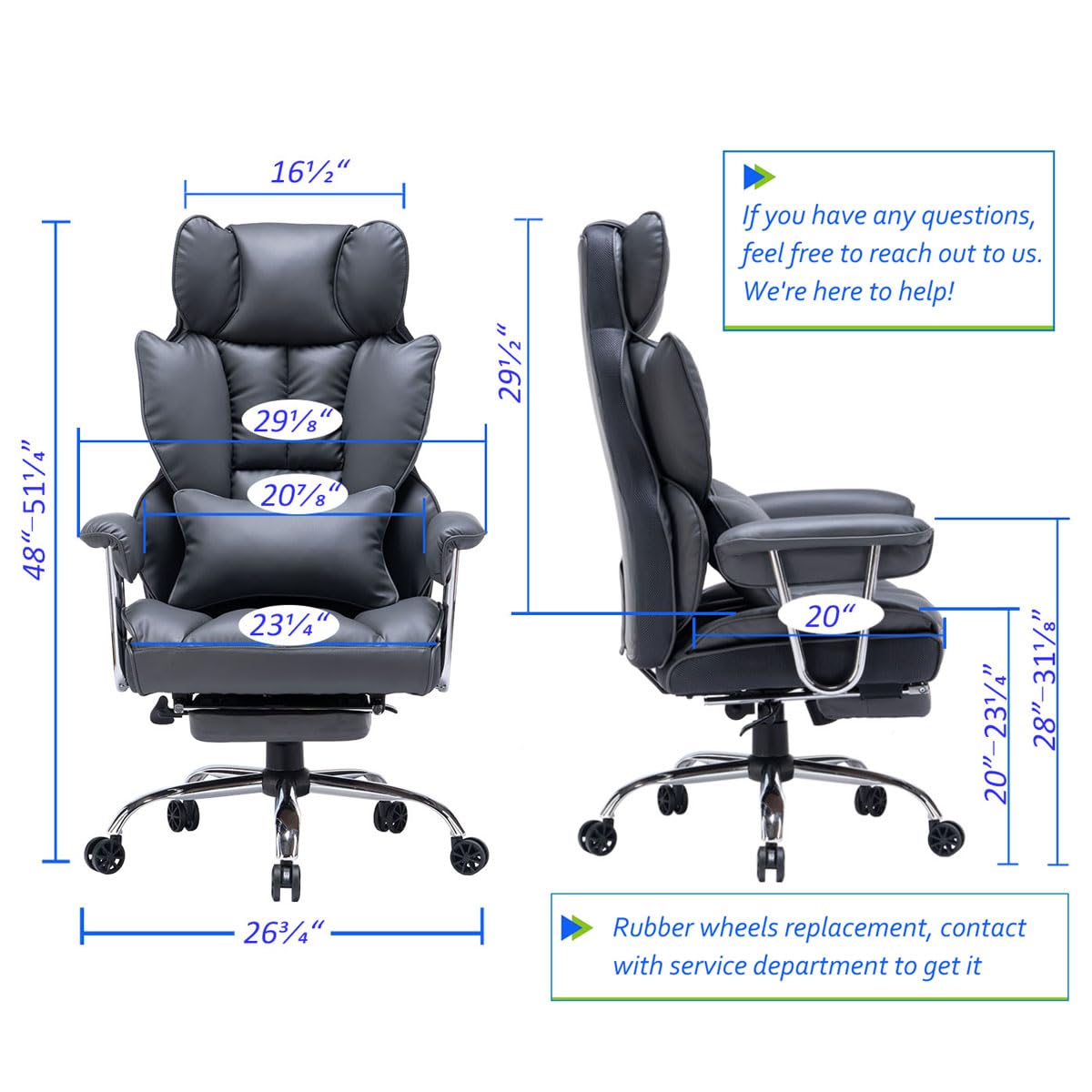 Efomao Big and Tall Office Chair with Footrest, 400LBS PU Leather High Back Executive Office Chair with Lumbar Support, Wide Computer Chair for Home Office, Dark Grey