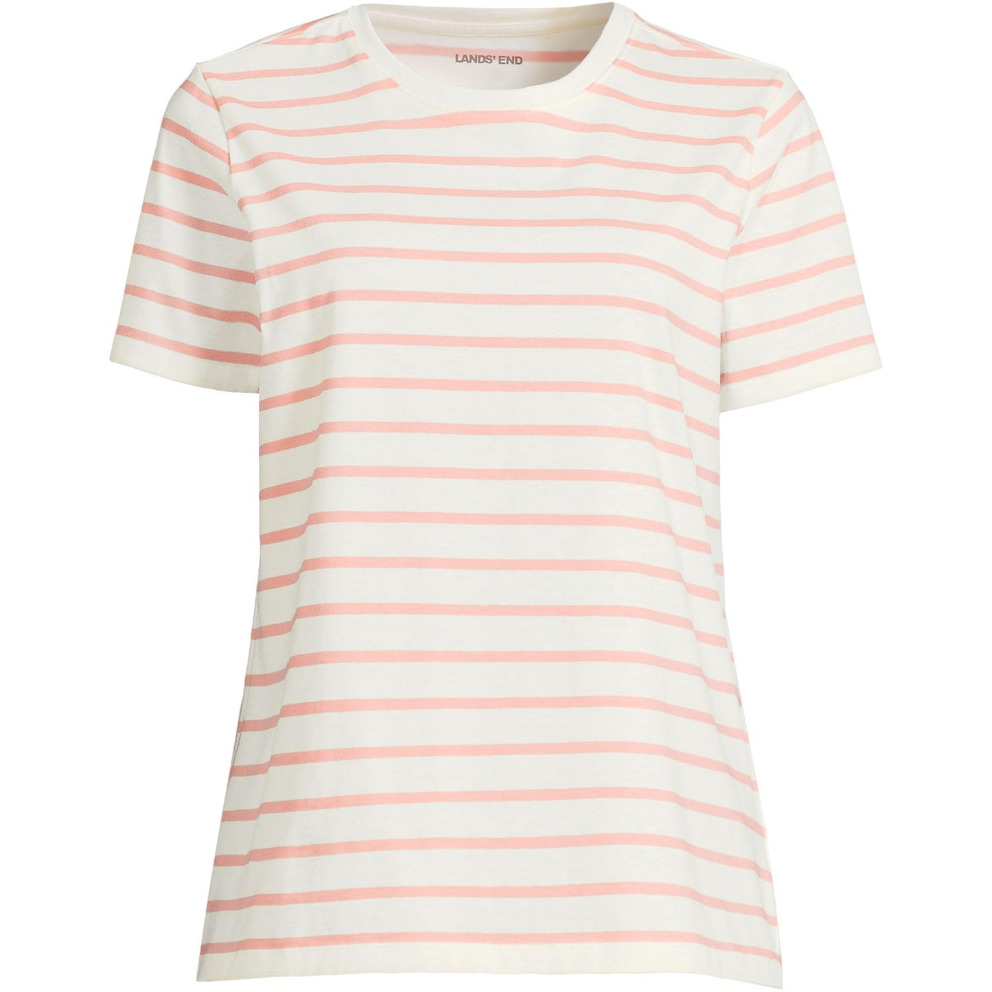 Lands' End Womens Short Sleeve Relaxed Supima Cotton Crew Neck T Shirt Ivory/Peach Breton Stripe Tall Large