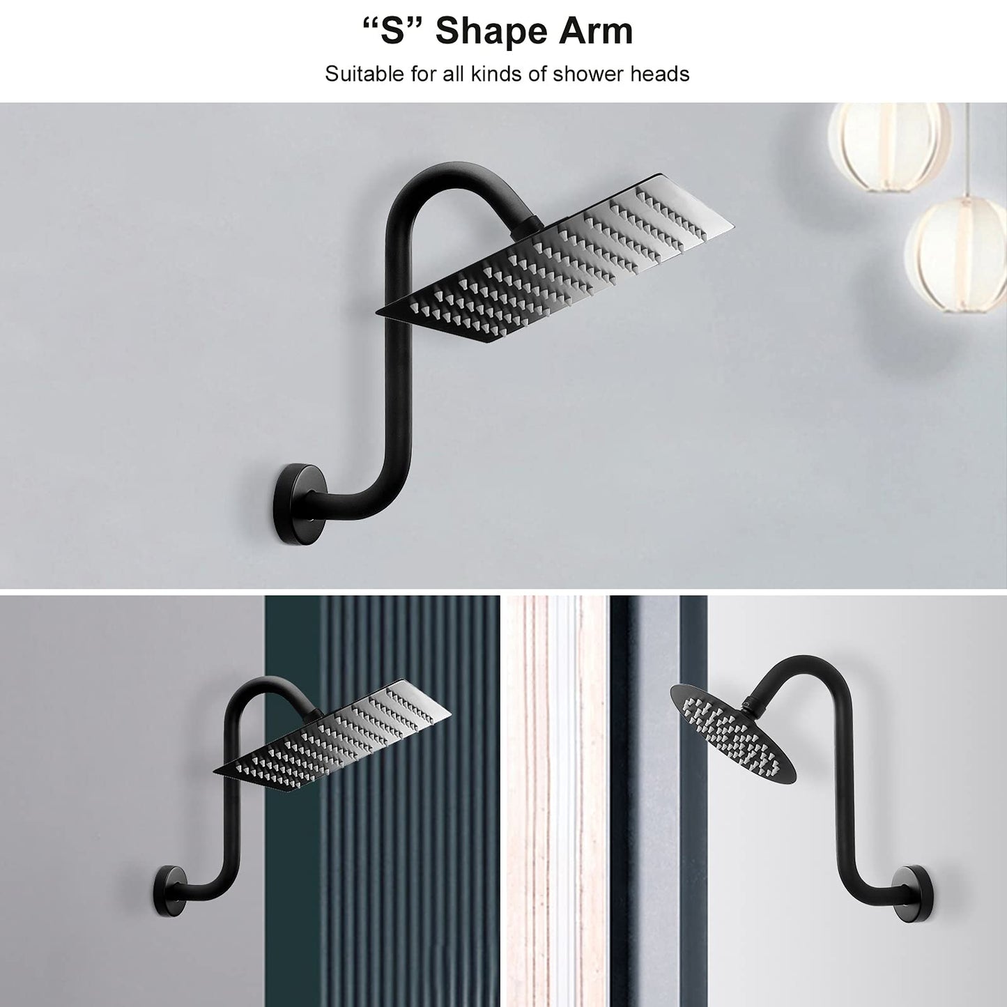 NearMoon S Shaped Shower Head Riser Pipe, Shower Extender Arm with Flange, Standard 1/2" Connection- Bathroom Accessory, 10 Inch (1 Pack, Matte Black)