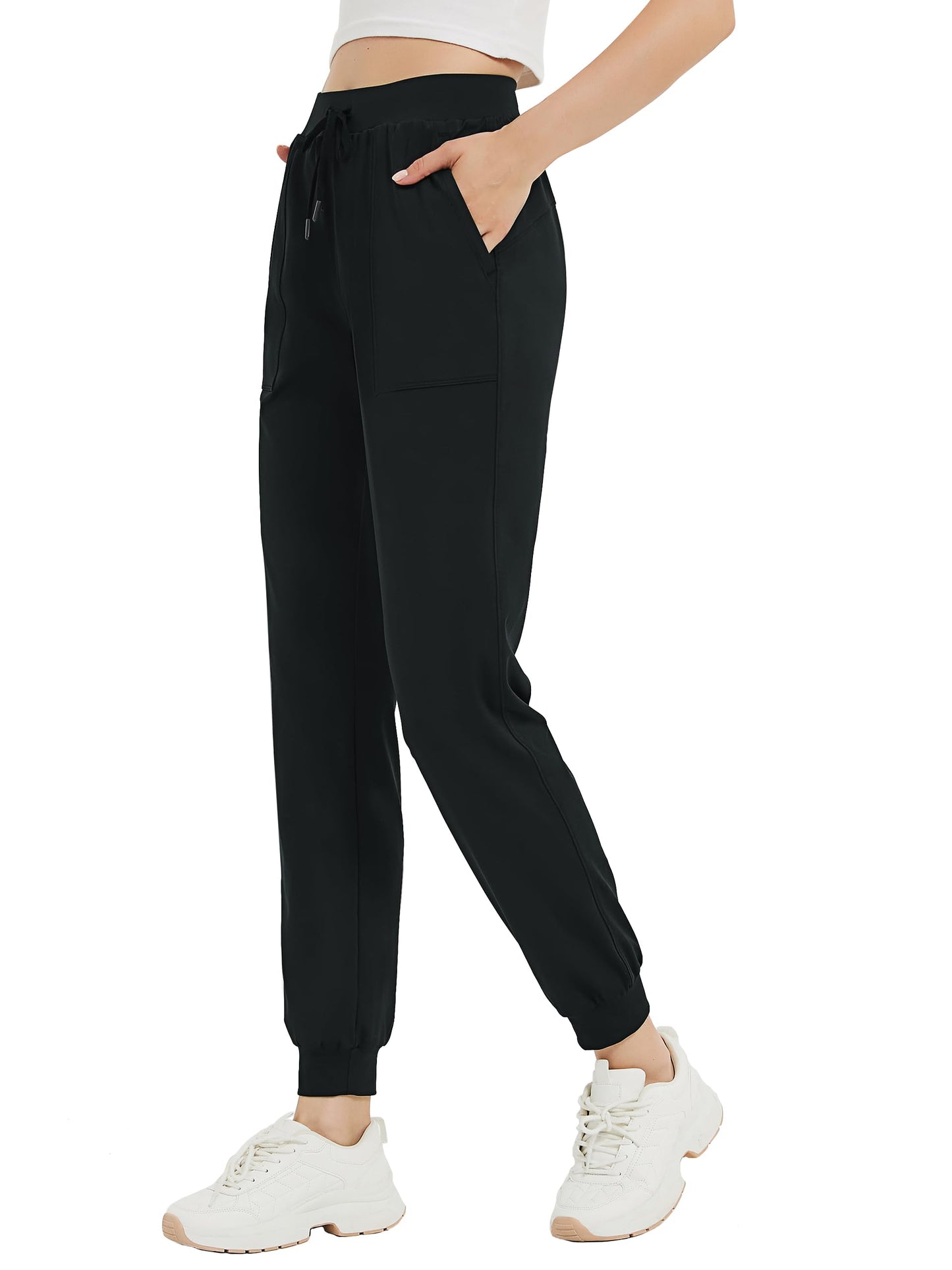 Tallemon Women's 37" Tall Inseam Joggers Running Sweatpants Pockets Tapered Athletic Workout Lounge Pants Black, L