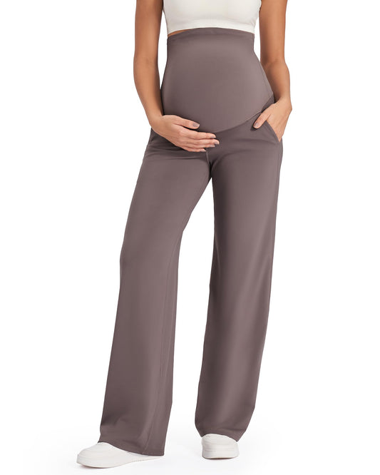 G4Free Maternity Yoga Pants with Pockets Pregnancy Fall Outfits Dress Work Pants for Athletic Workout Casual(Taupe,XXL,34")