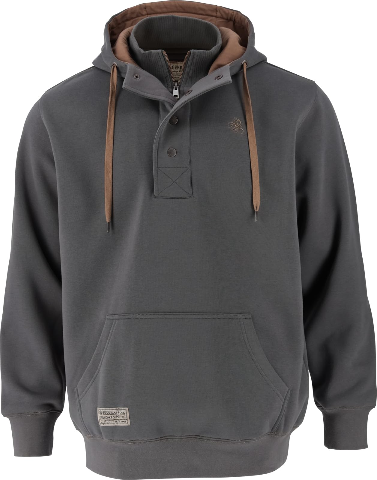 Legendary Whitetails Men's Tall Size Hoodie Quarter Zip Quilted Sweatshirt Double Layered Lined Hood, Charcoal