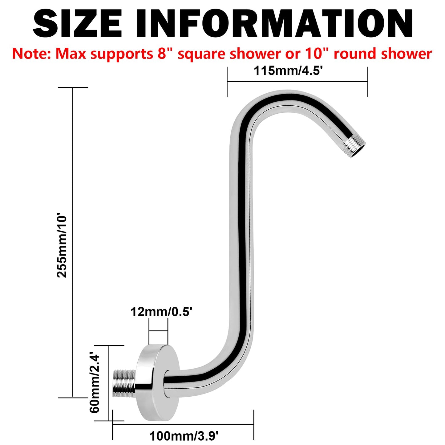 NearMoon S Shaped Shower Head Riser Pipe, Shower Extender Arm with Flange, Standard 1/2" Connection- Bathroom Accessory, 10 Inch (1 Pack, Chrome)