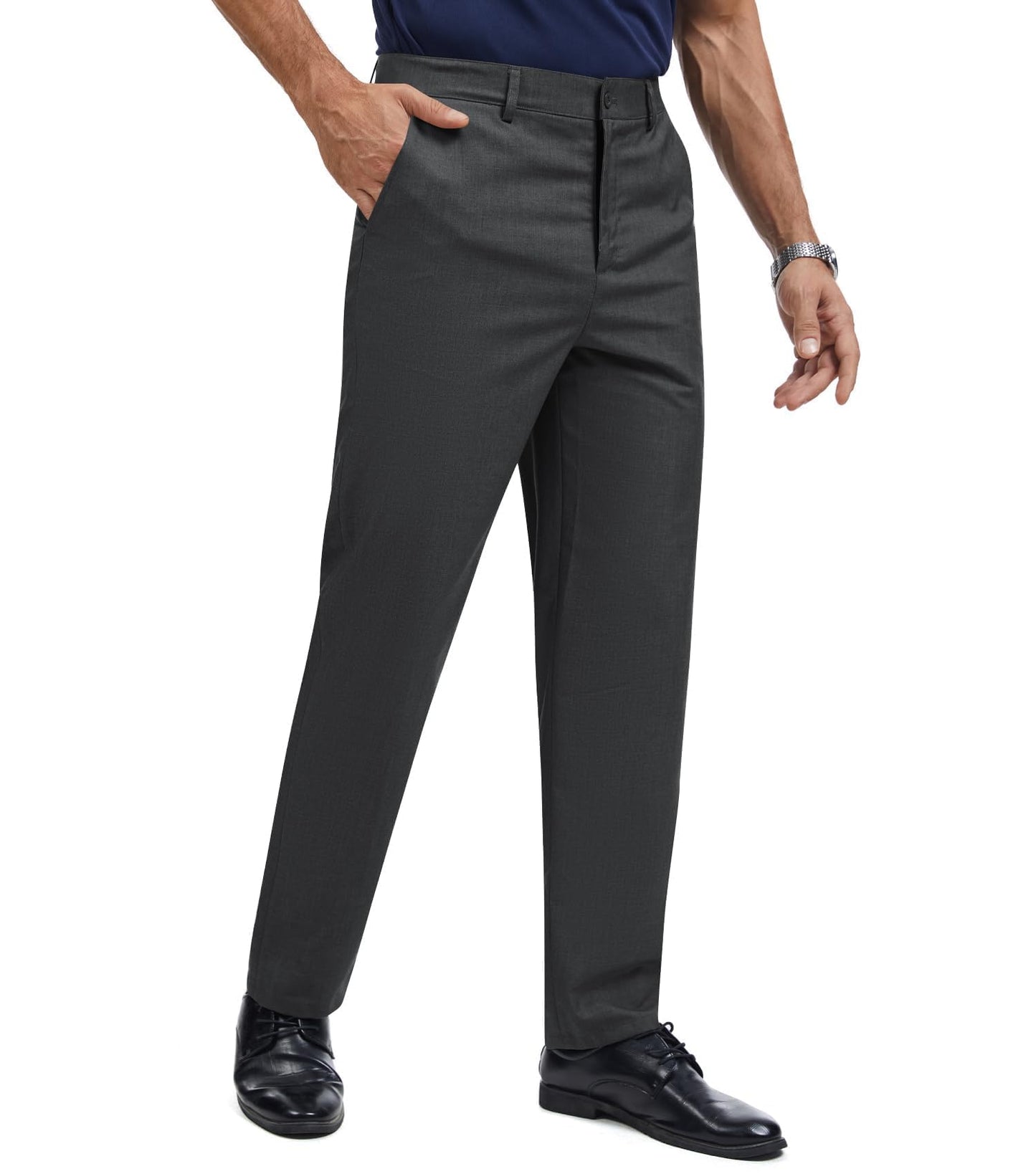Men's Tall Classic Fit Flex Flat Front Dress Pants Formal Pants for Business & Office Black Grey