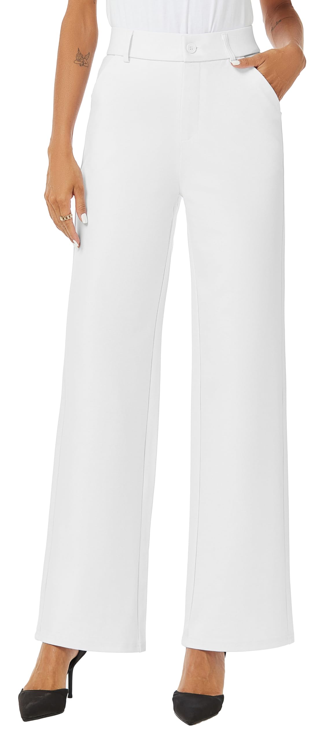 iChosy Womens High Waist Wide Straight Leg Trousers Casual Slacks Dress Pants with Pockets Blueish White 14 Tall