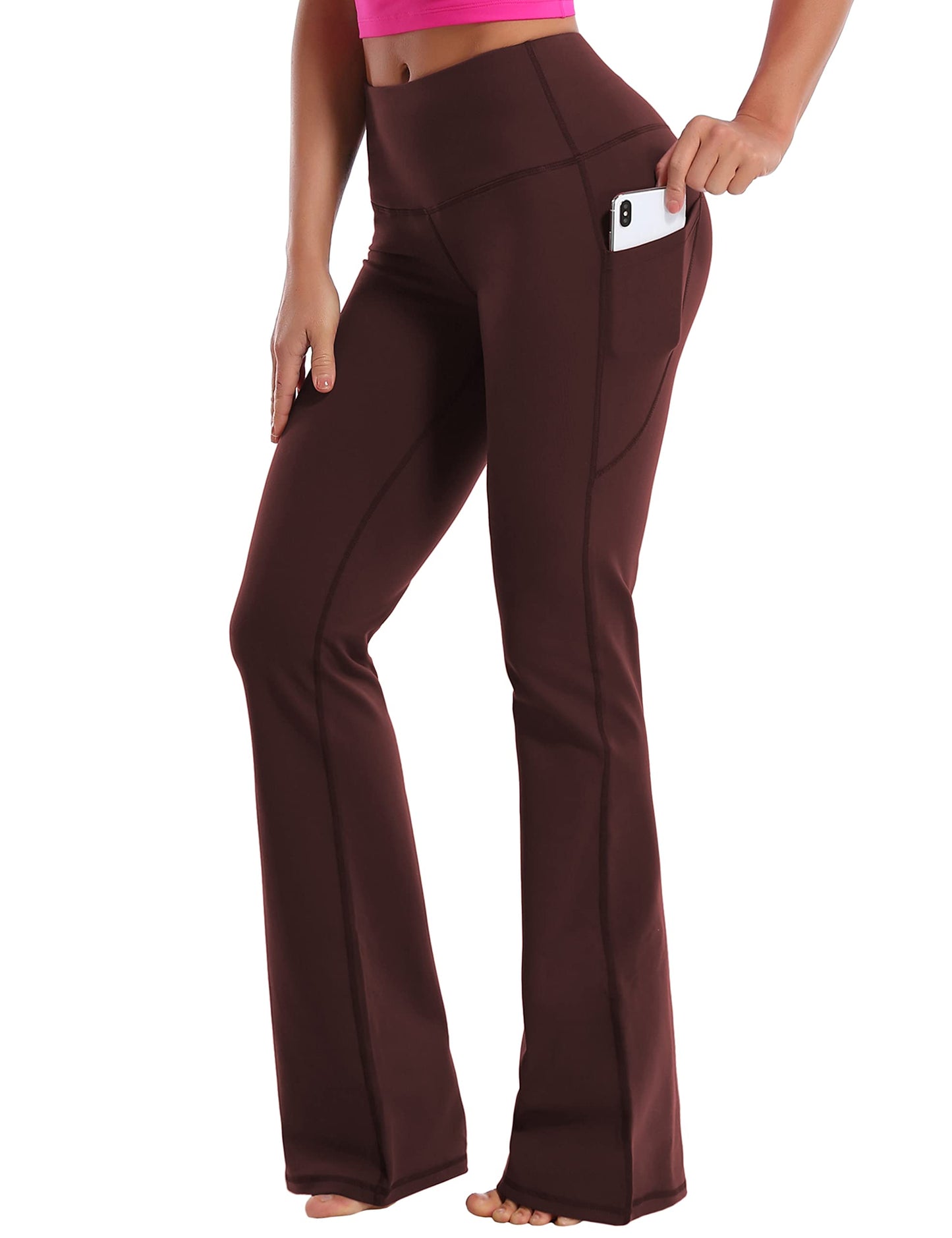 BUBBLELIME 29"/31"/33"/35" 4 Styles Women's Bootcut Yoga Pants Tummy Control - Side Pockets_MAHOGANYMAROON L_35" Inseam