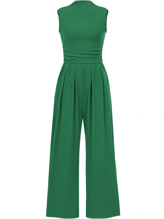 Tapata Women's Jumpsuits Dressy Casual One Piece Outfits Sleeveless Rompers Wide Leg Pants with Pockets, Tall, Green, Medium