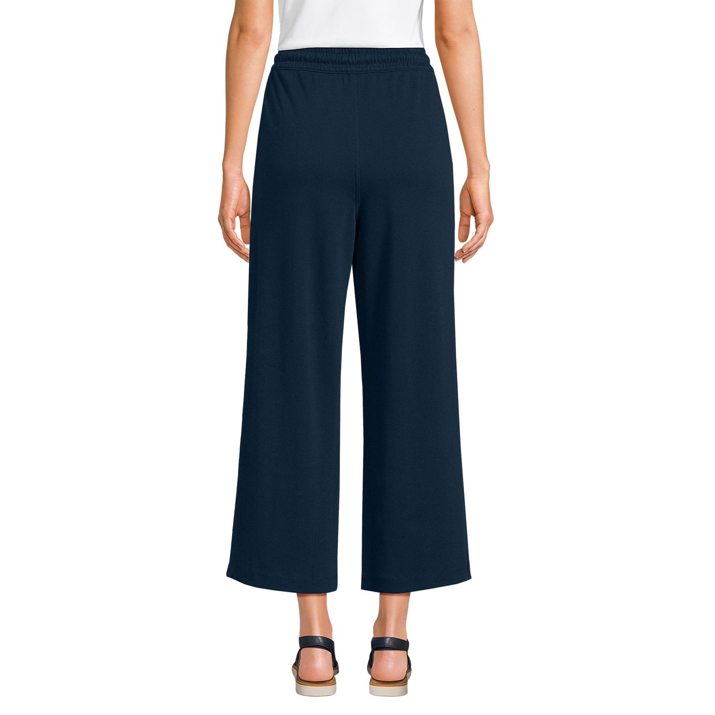 Lands' End Women's Tall Sport Knit Elastic Waist Wide Leg Crop Pants Medium Radiant Navy