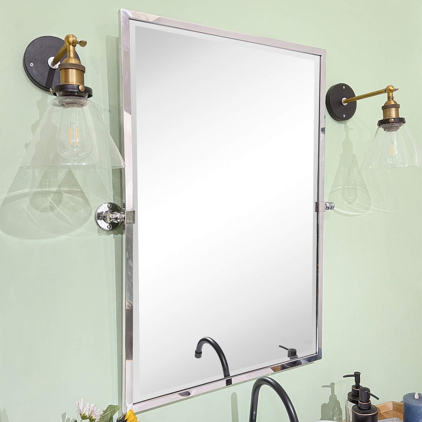 TEHOME Chrome Pivot Mirror Tilt Bathroom Mirror in Polished Nickel Tilting Beveled Vanity Mirrors in Chrome, 28.5x36''