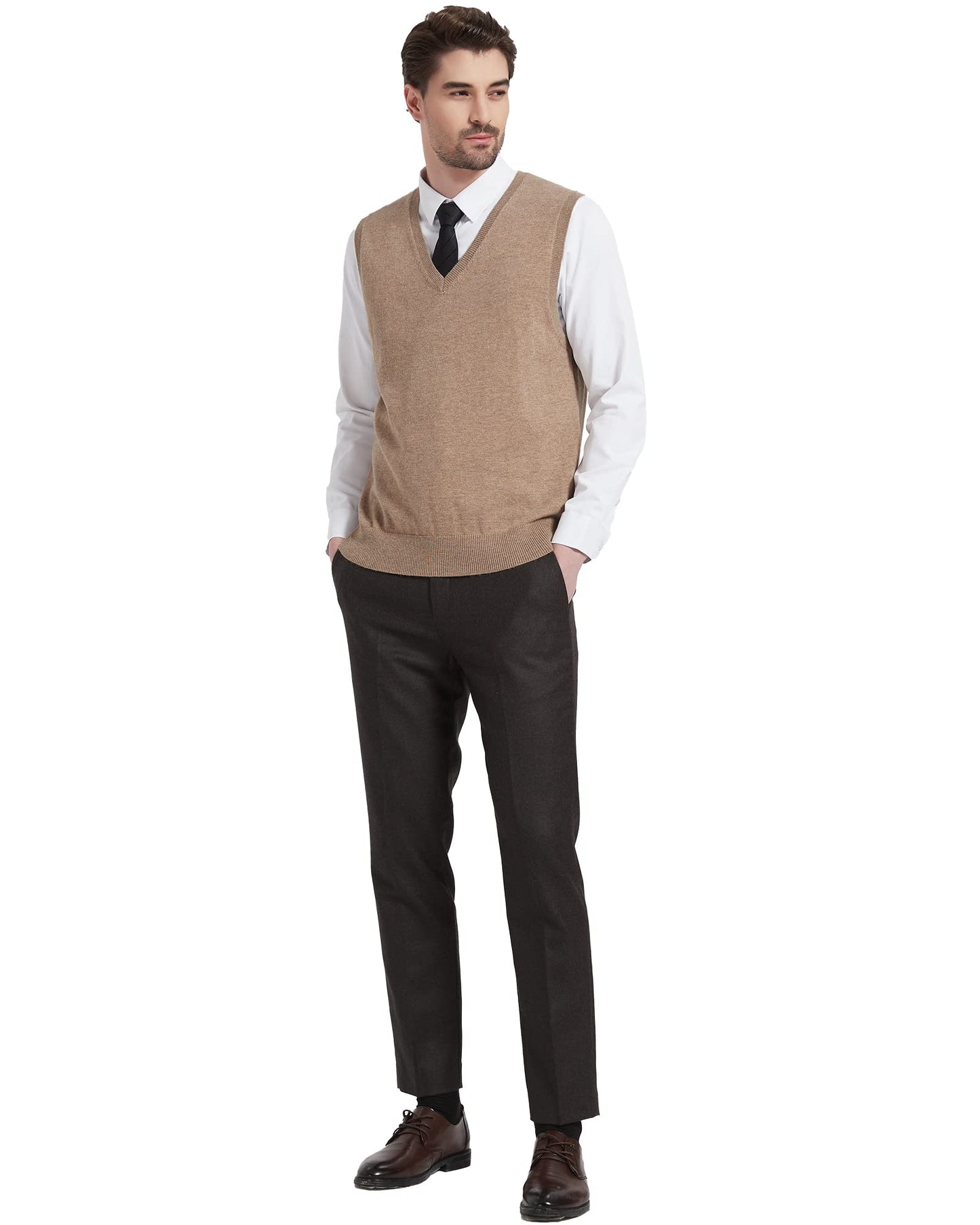 Kallspin Men's Big & Tall Wool Blended Vest Sweater Relaxed Fit V Neck Sleeveless Knitted Pullover (Coffee 2XL-Tall)