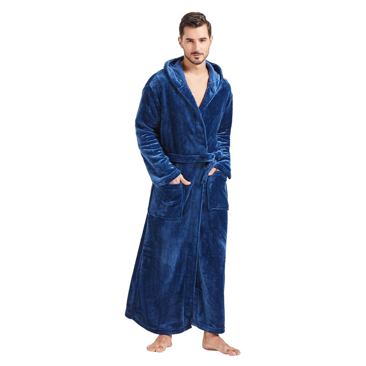 FashGudim Mens Robes Big and Tall with Hood Flannel Fleece Men Bathrobe with Hood Full Length Plush Long Robe Warm House Robe (Navy, S/M)