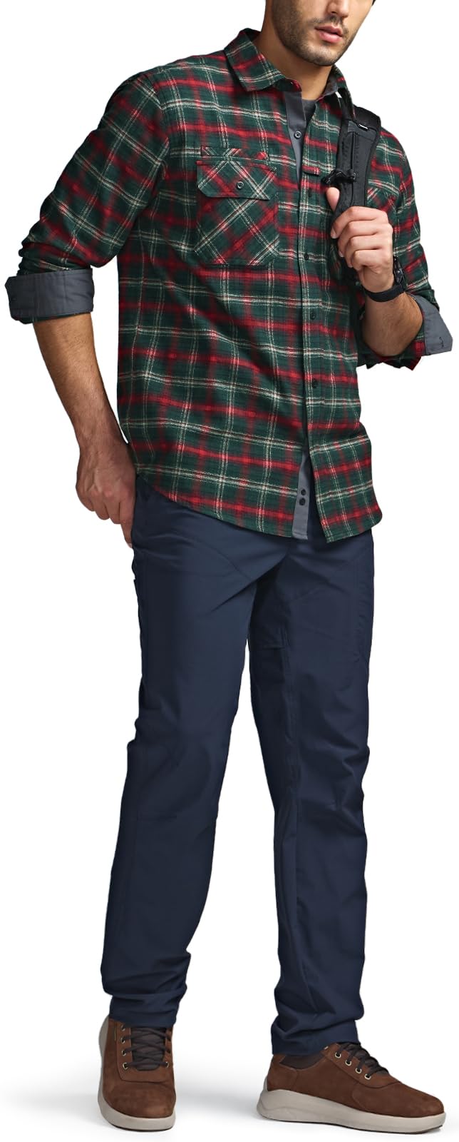 CQR Men's Flannel Button Down Shirts, Soft Cotton Plaid Long Sleeve Tactical Work Shirt, Warm Outdoor Essential with Pocket, Stealth Holiday Mood, X-Large Tall