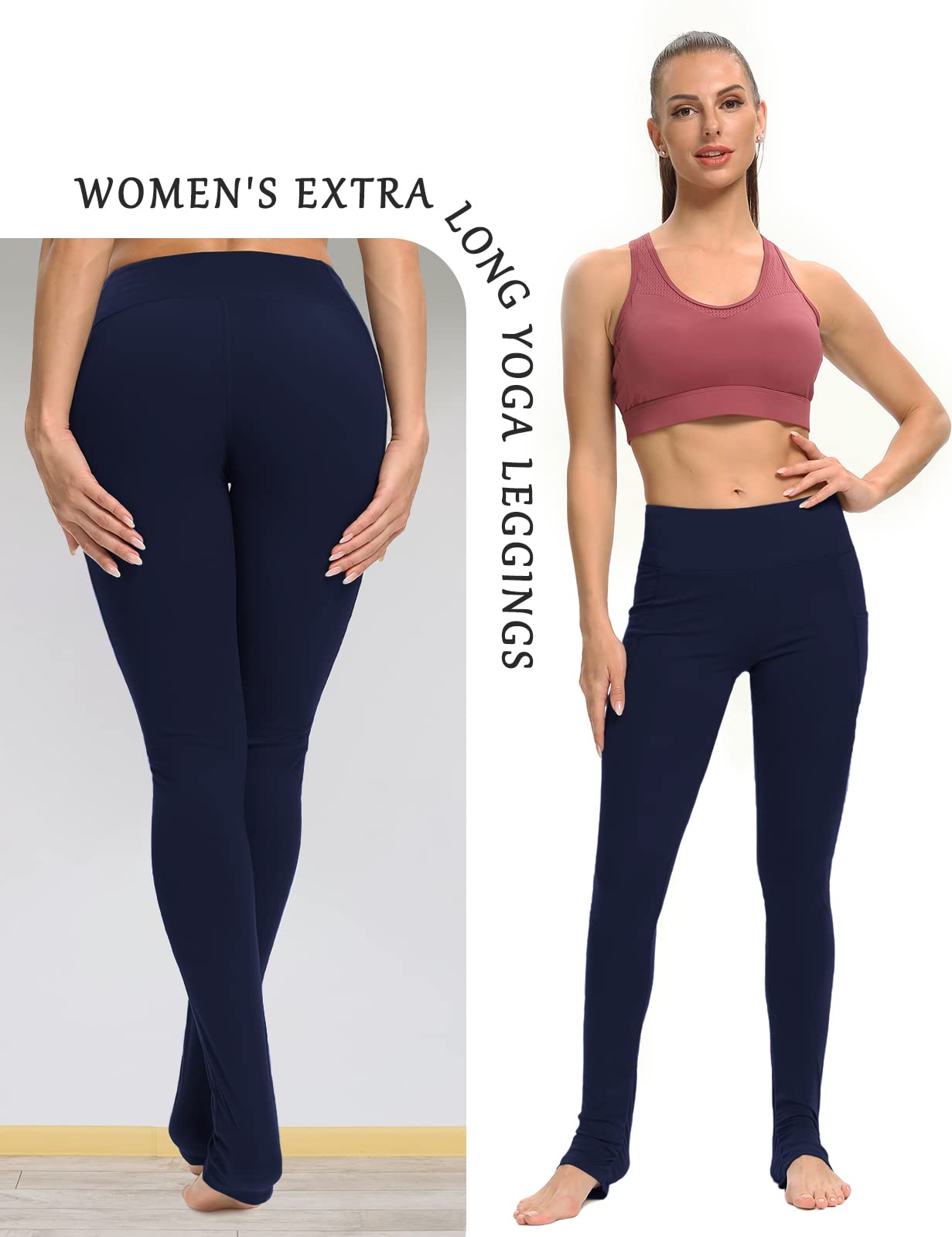 SEVEGO Women's Extra Long Yoga Leggings with Pockets Over The Heel Stacked Legging Barre Dance Athletic Pants, Blue, M