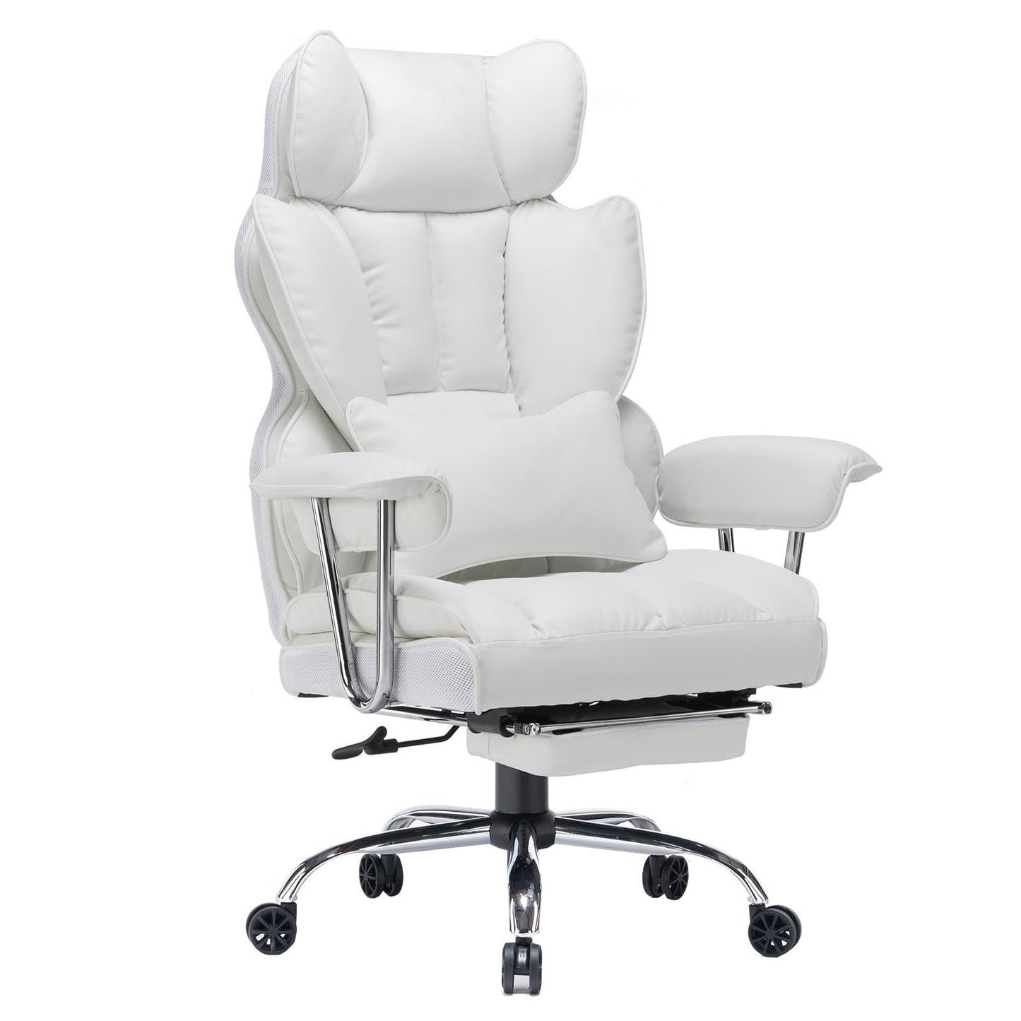Efomao Big and Tall Office Chair 400lbs – High Back PU Leather Executive Chair with Lumbar Support, Footrest, Swivel Base, Padded Armrests, and Rolling Wheels for Home Office, White Computer Chair