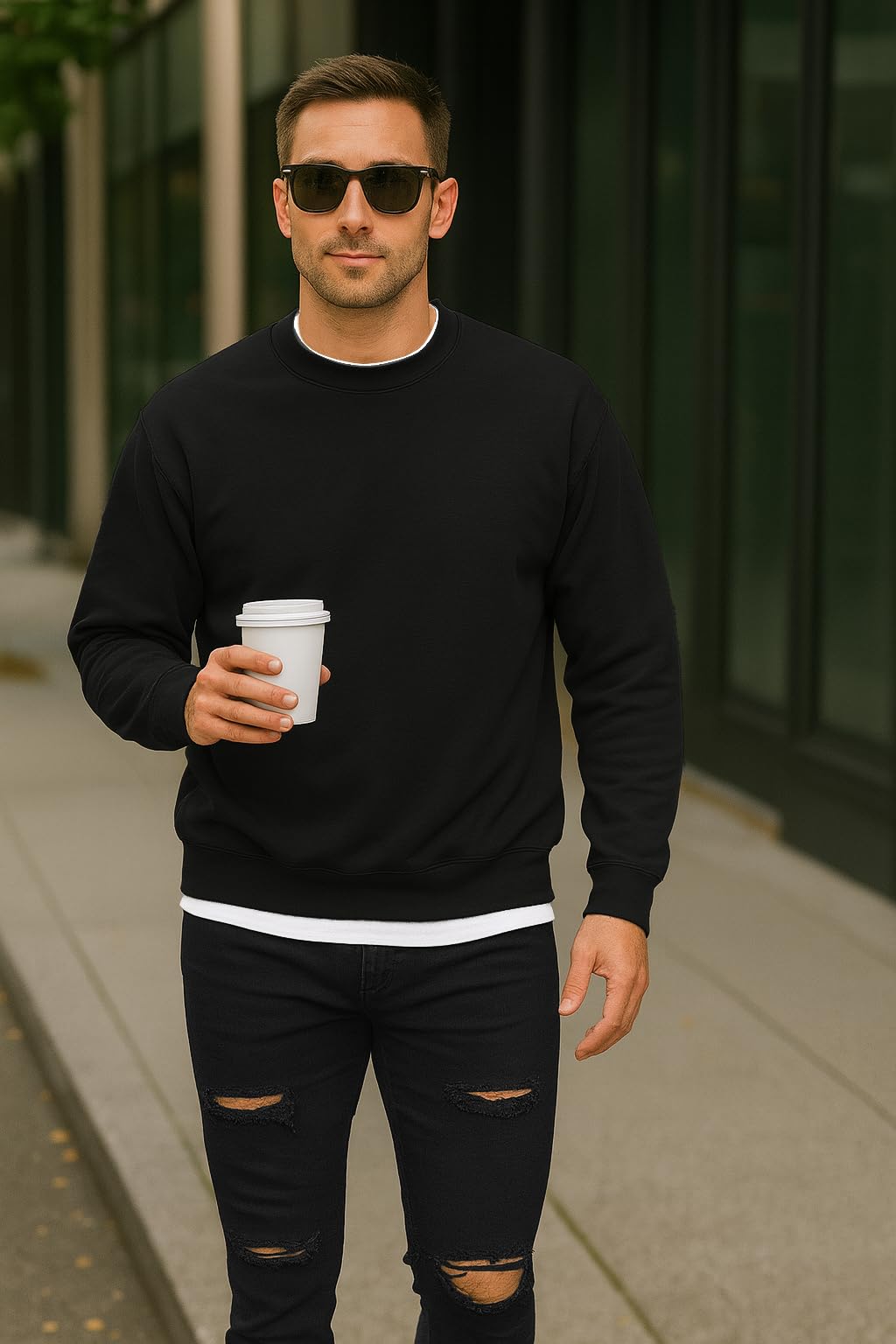 JustBlanks Fleece Sweatshirt for Men Tall Men’s Sweatshirt Crewneck Sweatshirt Relaxed-Fit Pullover Sweatshirt - Jet Black - 2XLT