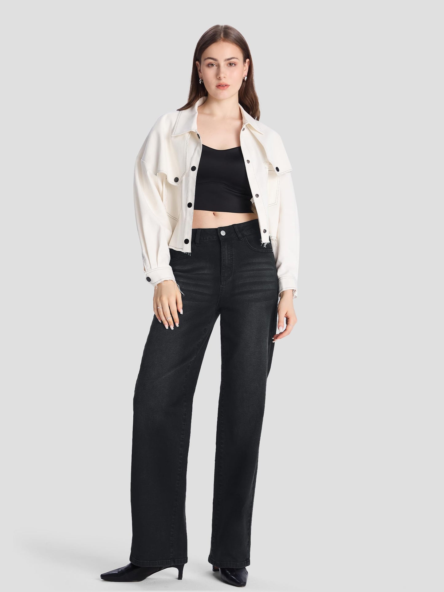 SEVEGO Women's 32"/34"/36" Tall Straight Leg Jeans Mid Waisted Stretchy Loose Denim Pants Casual Baggy Jean Trousers 34'', Black, XL