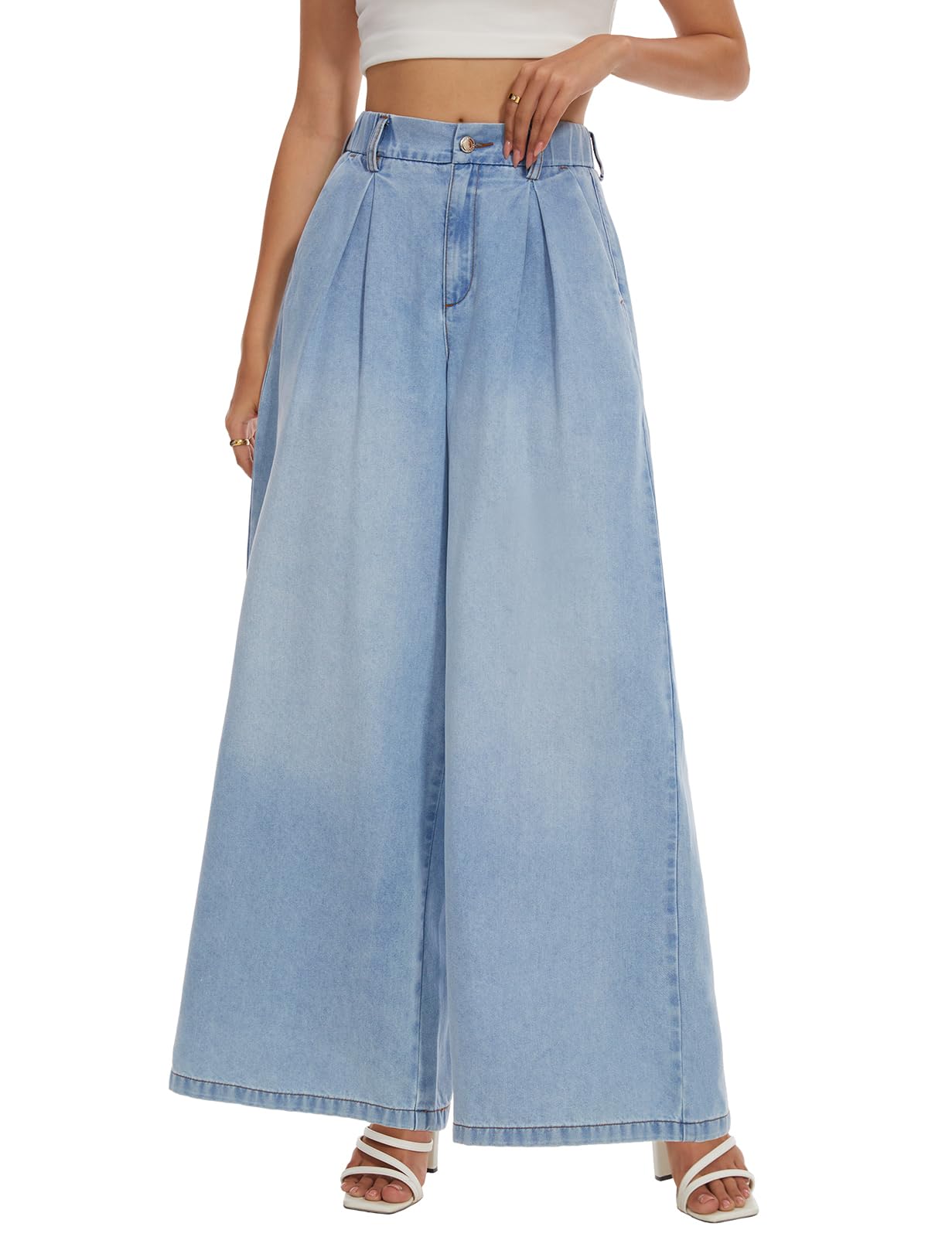 Tapata Women's 33" Inseam Tall Wide Leg Jeans High Waisted Baggy Denim Pants Palazzo Trousers, Light Blue, M