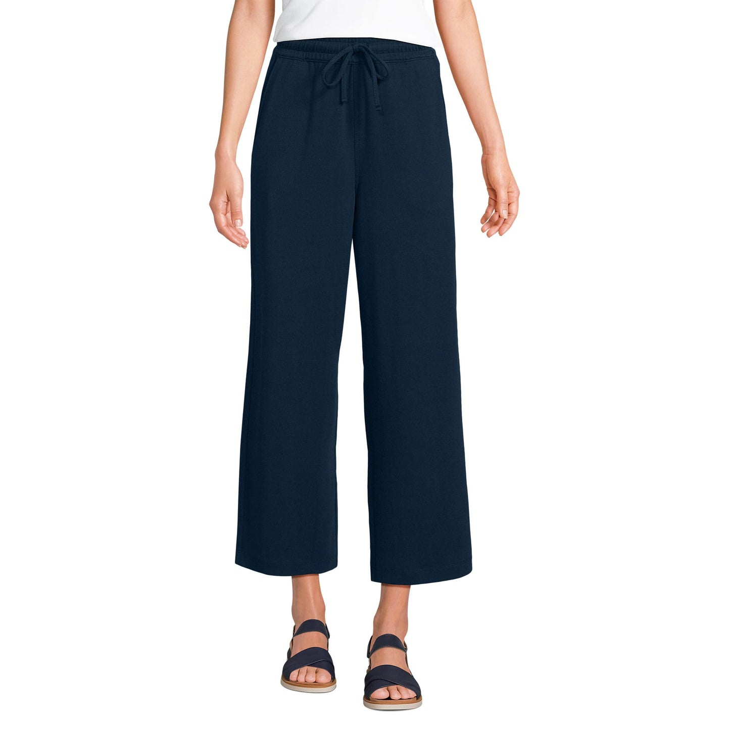 Lands' End Women's Tall Sport Knit Elastic Waist Wide Leg Crop Pants Medium Radiant Navy