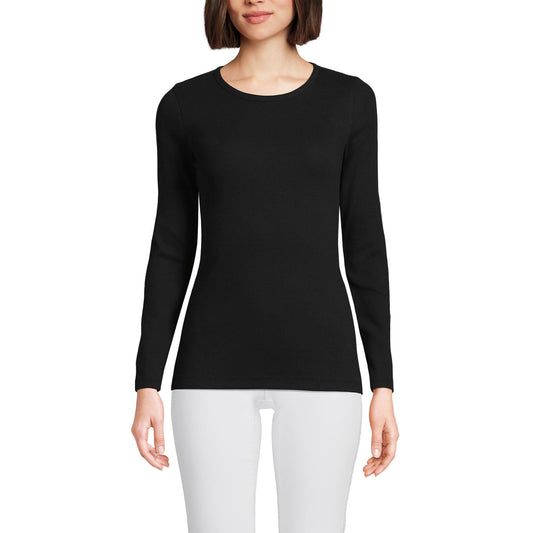 Lands' End Womens Long Sleeve Micro Rib Crew Black Tall Medium