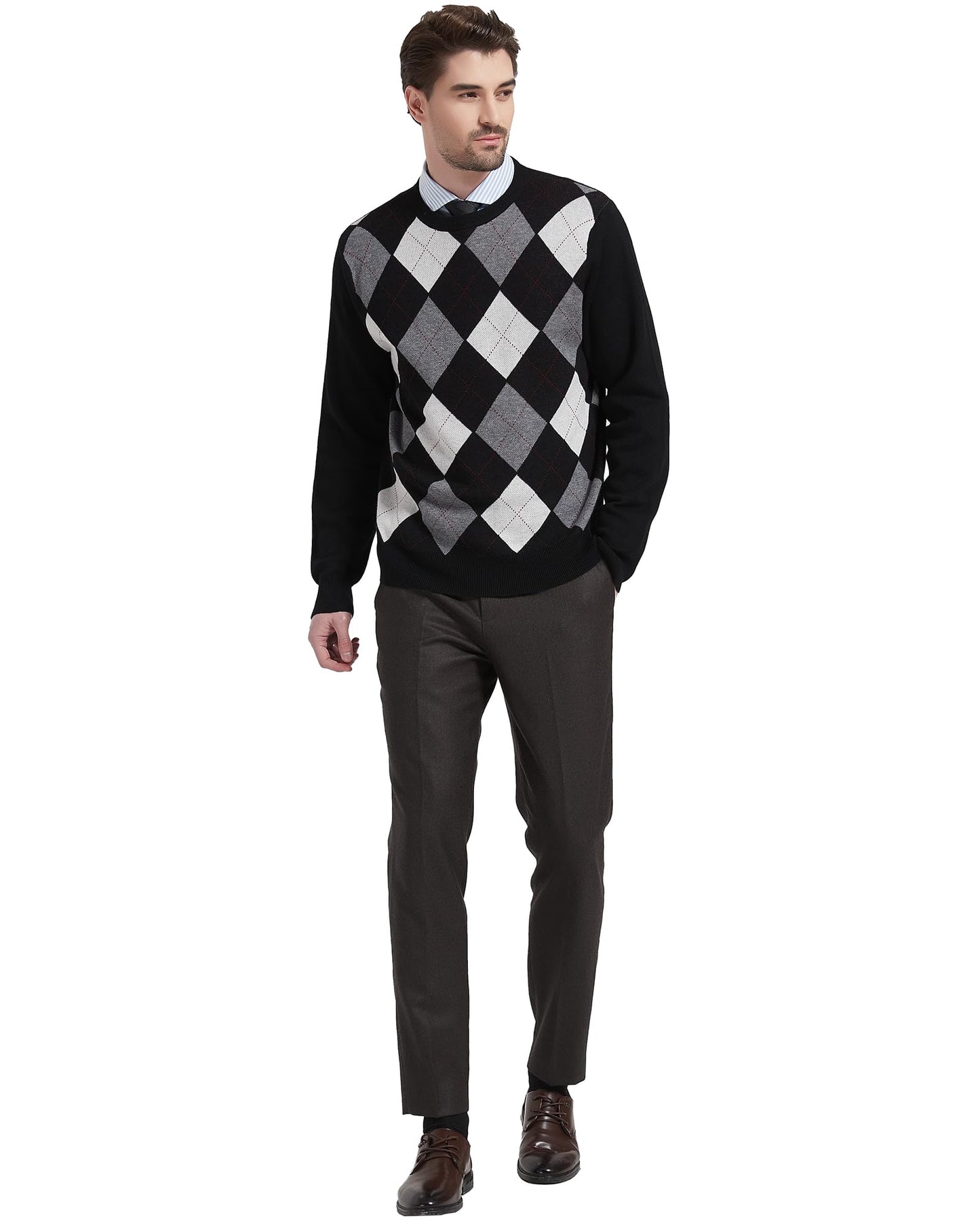 Kallspin Men's Wool Blend Crewneck Sweater Argyle Long Sleeve Pullover Sweater for Casual Or Dressy Wear(Black,XL-Tall)